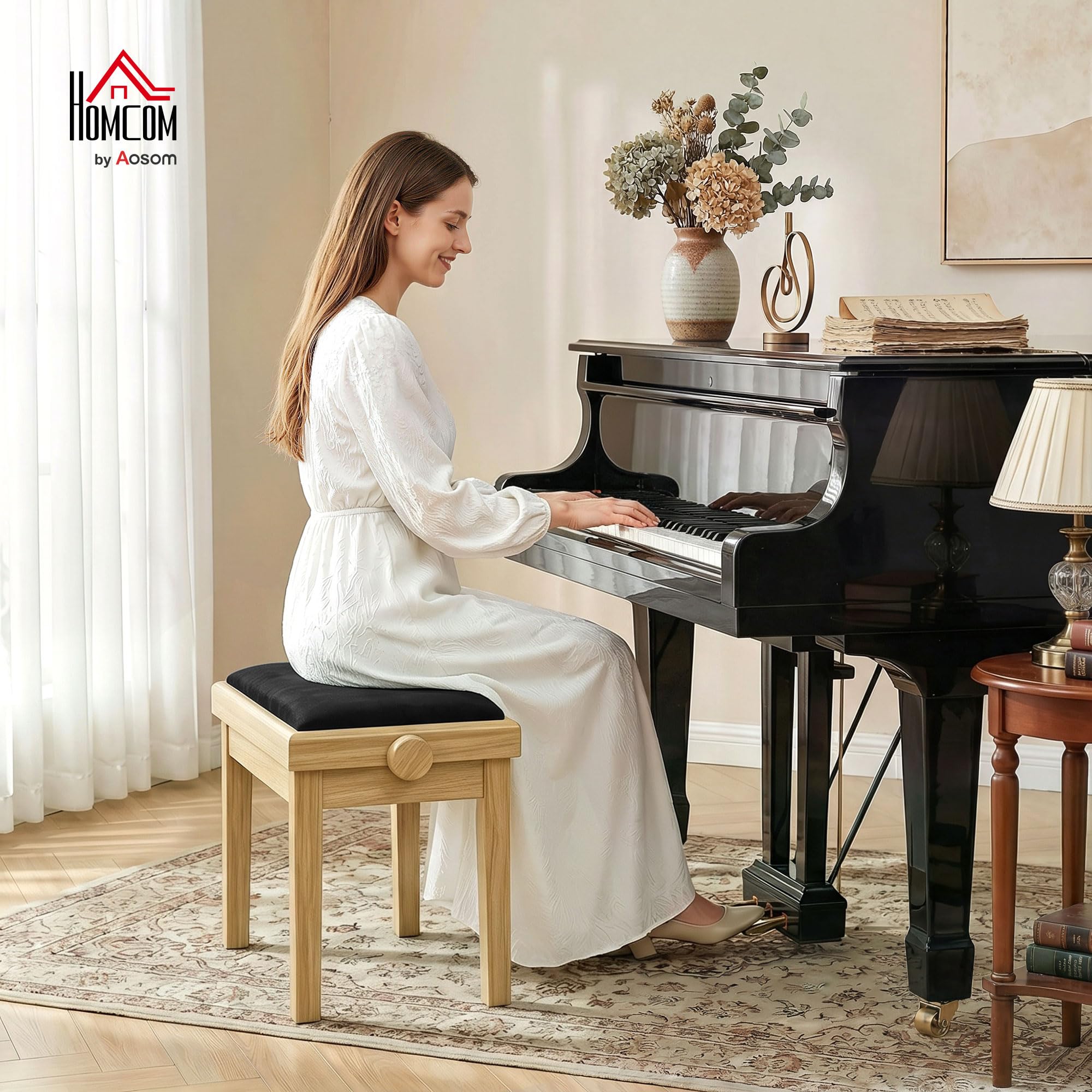 HOMCOM Panchetta per Pianoforte Regolabile in Altezza, 24,2'' con Cuscino Imbottito Effetto Velluto, Gambe in Legno di Caucciù, Finitura Naturale, per Camera e Soggiorno