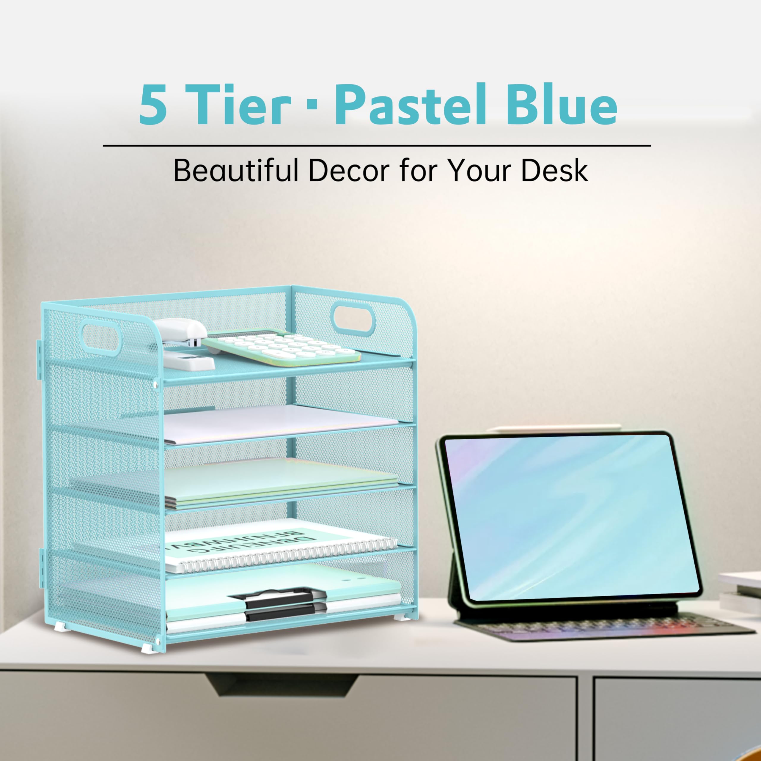 Lot de 5 plateaux de rangement en papier avec poignée en maille bleu clair pour bureau