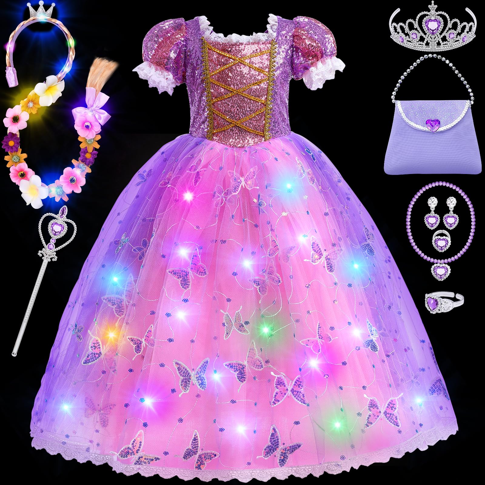 Toyssa Disfraz Rapunzel Niña, Luminosa Disfraz Princesa con Peluca Bolso Corona Princesa Varita Magica, Vestido Rapunzel Disfraz Niña 2 3 4 5 6 7 Años Carnaval Halloween Cumpleaños Cosplay