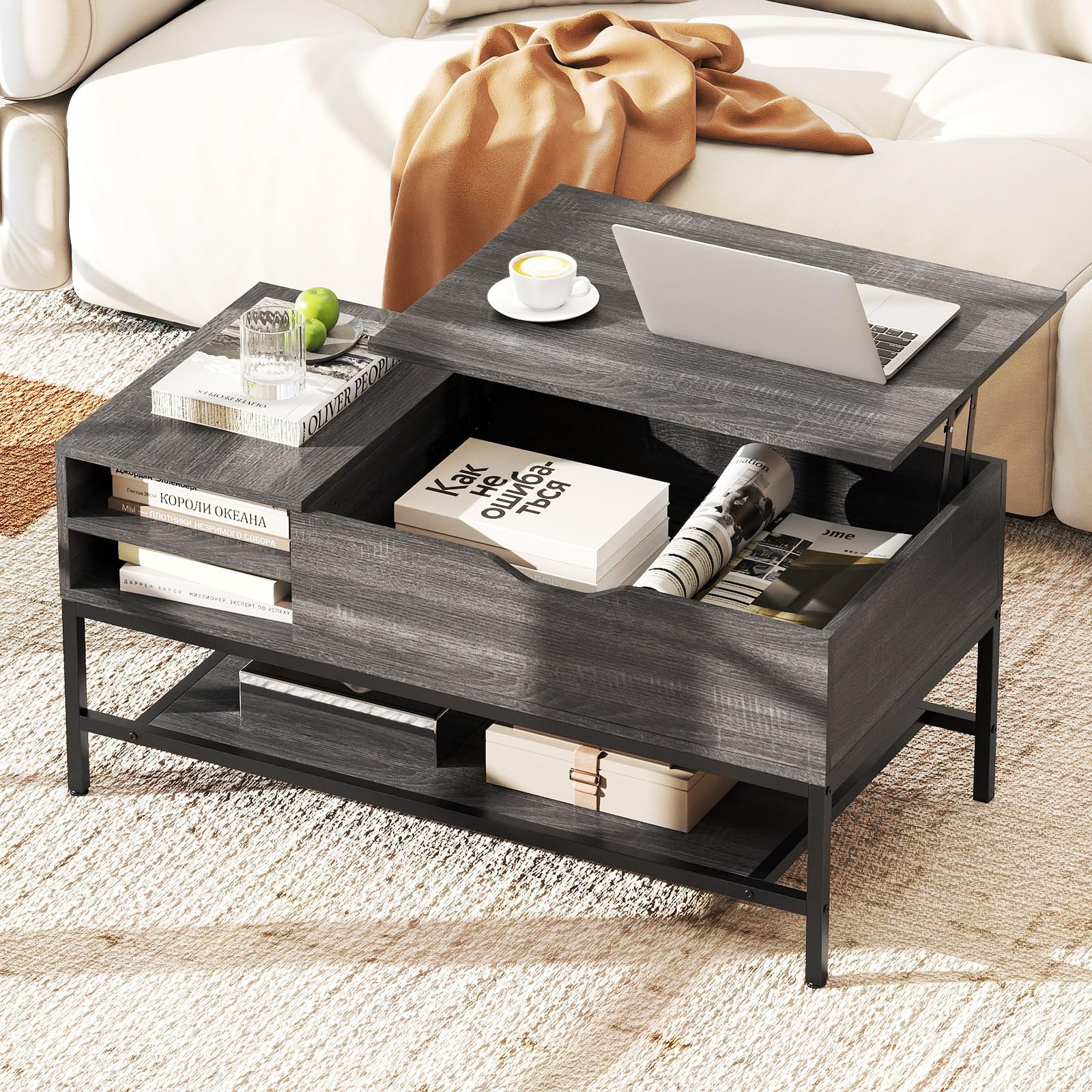 COSTWAY Couchtisch höhenverstellbar, Wohnzimmertisch mit offenem Fach und Ablagefach, Kaffeetisch, Sofatisch, Beistelltisch für Wohnzimmer, 99,5 x 49,5 x 47,5 cm (Grau)