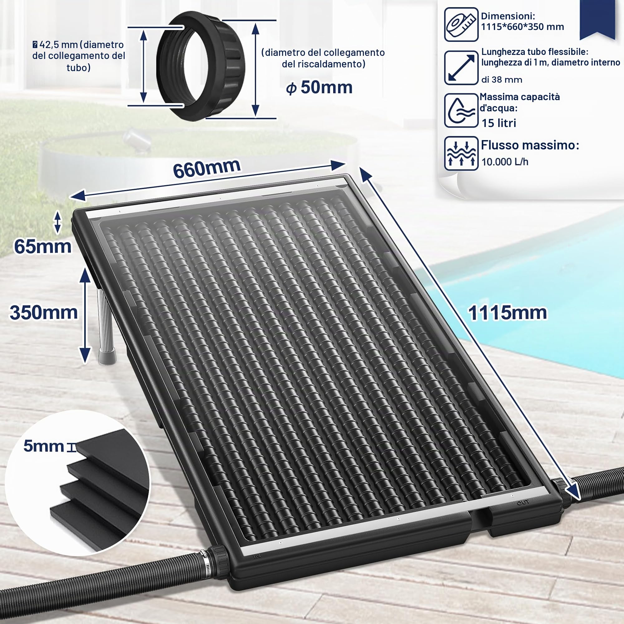 UISEBRT Riscaldamento solare per piscina, pannello solare per acqua calda, connettore piscina Ø 50 mm, per piscine e docce da giardino 111,5 x 66 x 6,5 cm