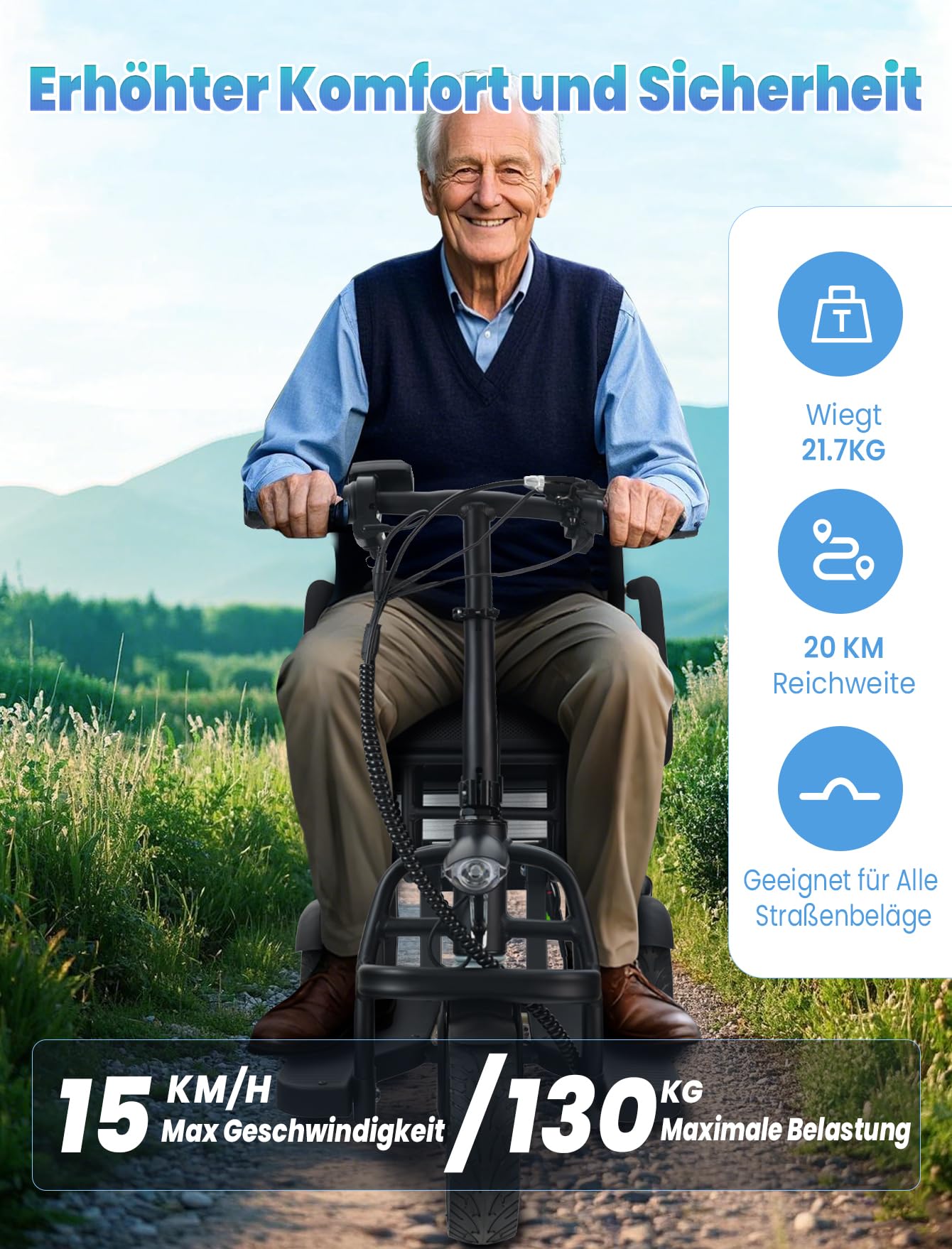 Patinetes de movilidad plegables de largo alcance de 20 km para adultos y personas mayores, peso 21.7 kg, patinetes de movilidad de 3 ruedas, scooters motorizados ligeros (C36V)