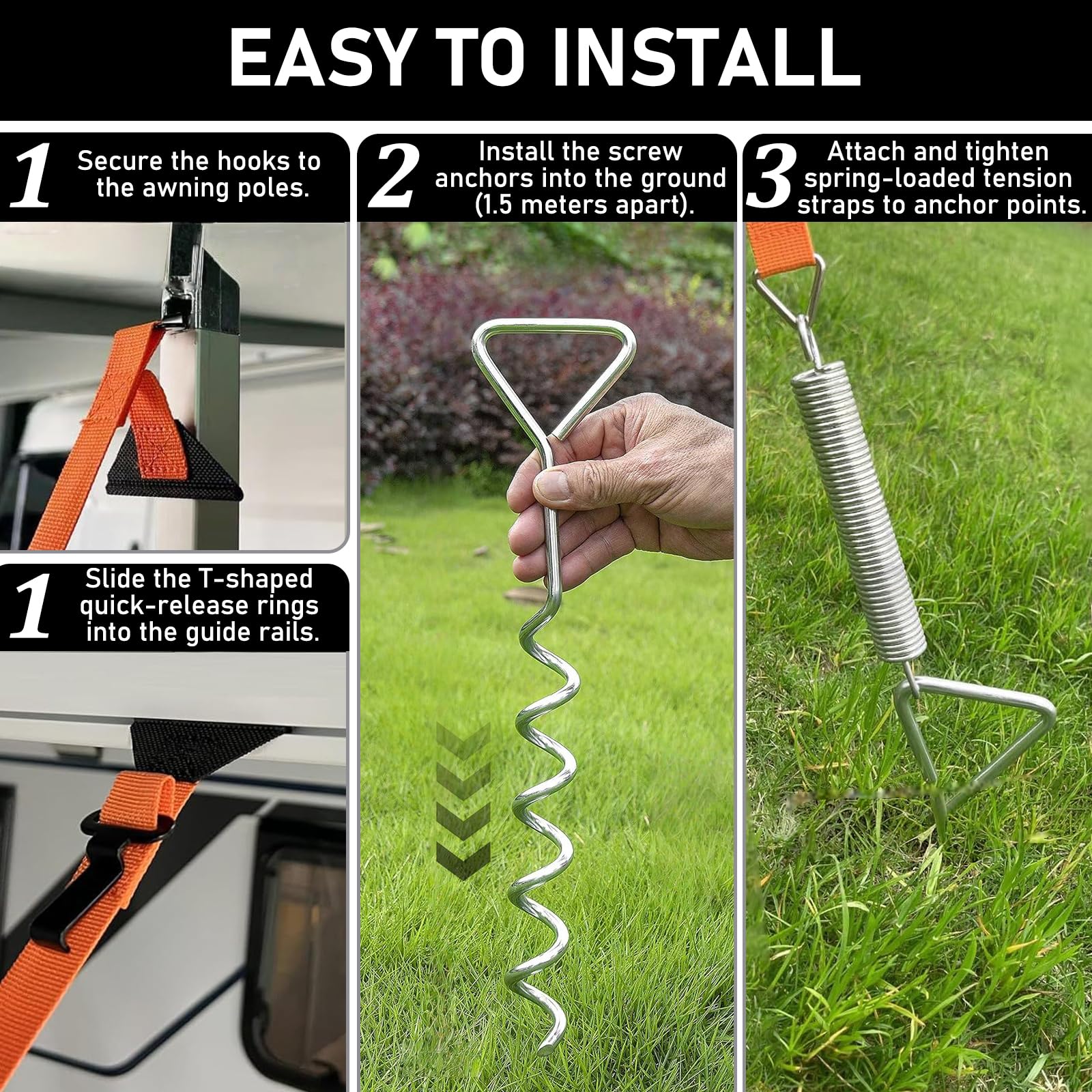 Awning Tie Down Kit for Motorhomes & Caravans, Universal Awning Storm Strap Kit with Adjustable Polyester Straps + Ground Anchors + Tension Springs + Storage Bag (Orange) — view 7