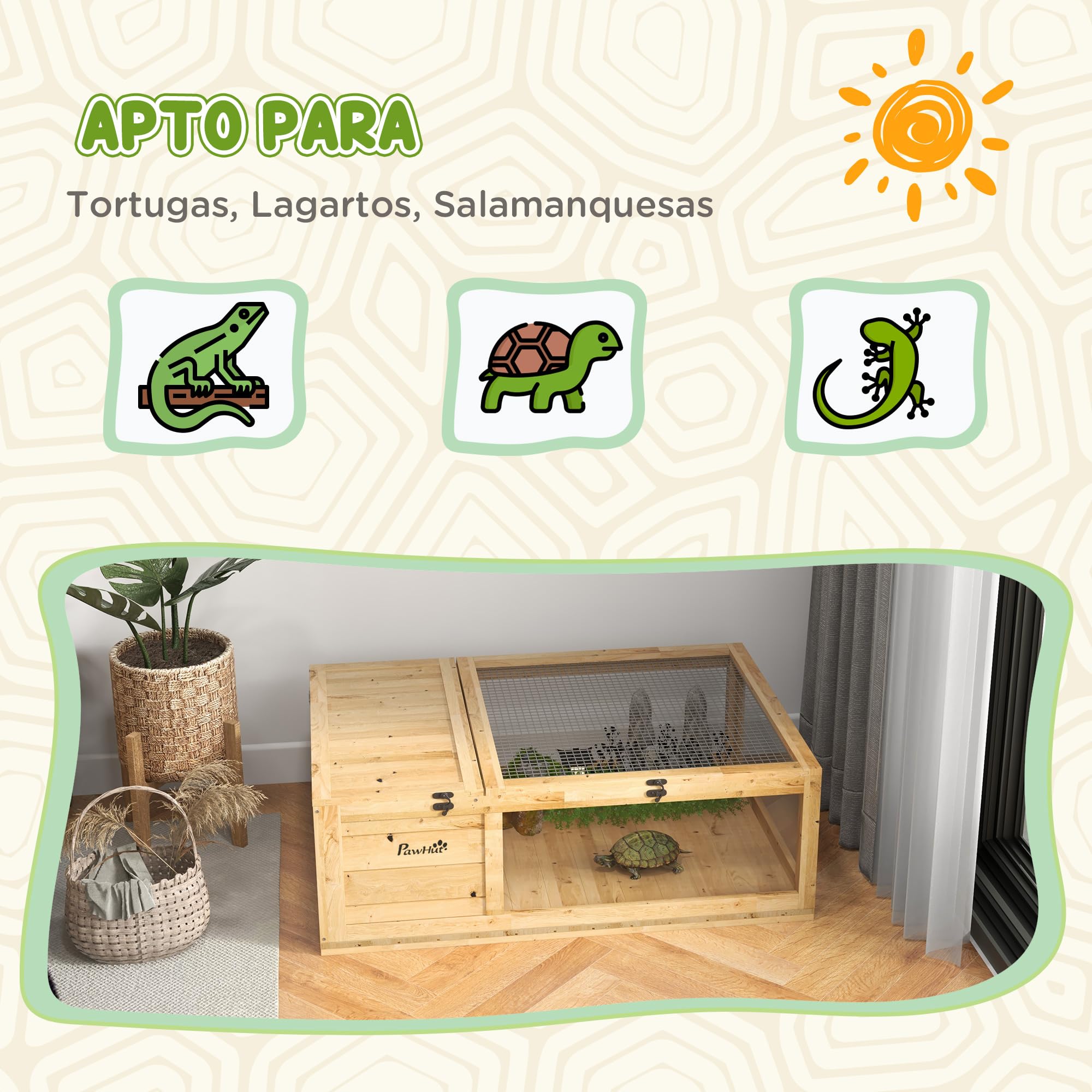PawHut Casa para Tortugas de Madera, Terrario para Reptiles con Techo de Malla, Paneles Laterales Transparentes Extraíbles y Pestillo de Seguridad, Caseta para Tortugas, 91x60,5x32 cm, Natural — view 6