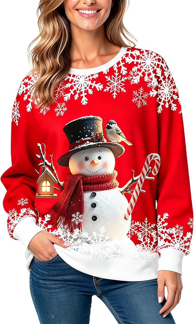 NXCNXC Christmas Sweatshirts for Women:Funny Snowman Printing Xmas Holiday Crewneck Long Sleeve Pullover Top