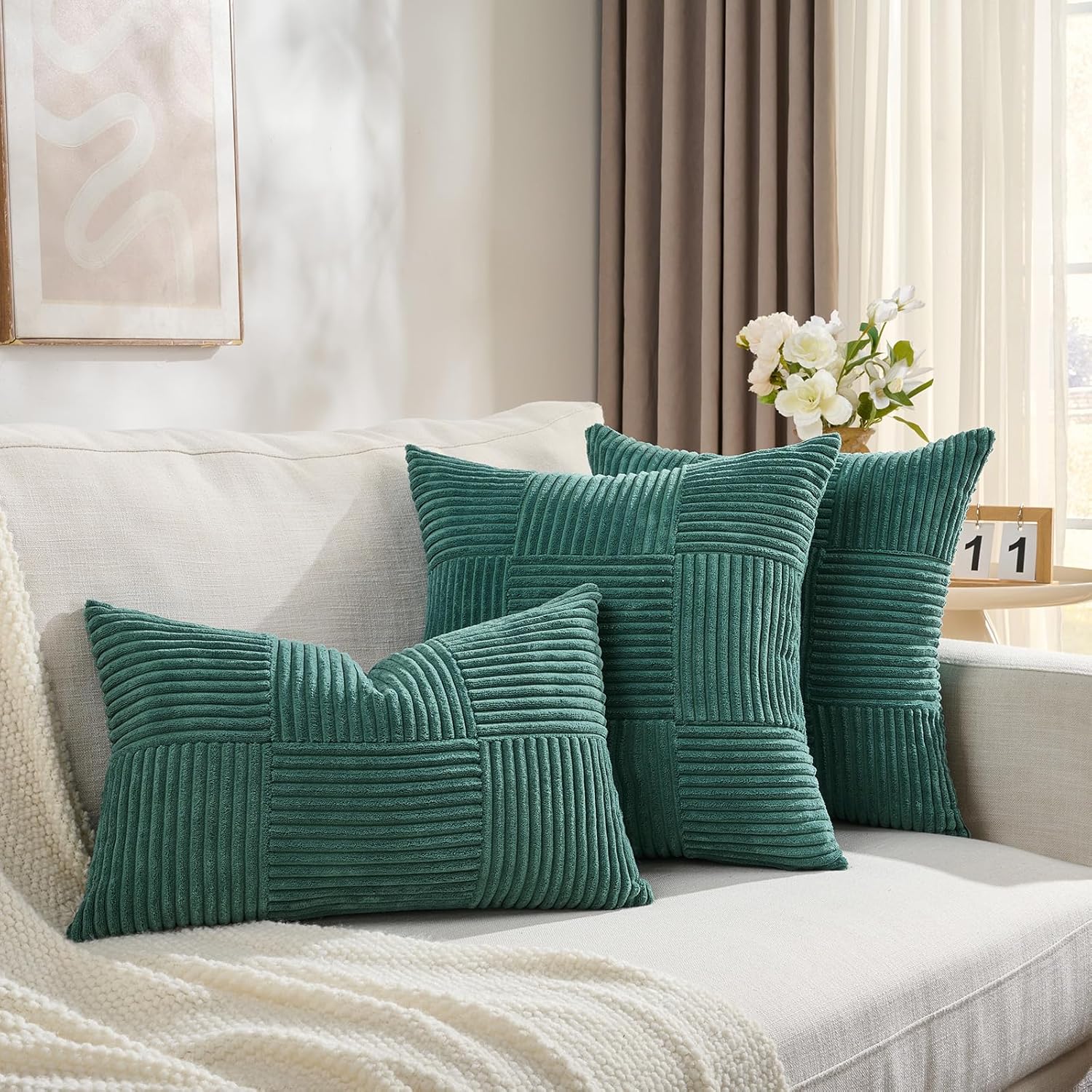 Fancy Homi Set of 2 Teal Lumbar Boho Decorative Throw Pillow Covers 12x20 Inch for Living Room Bedroom Couch Bed, Modern Farmhouse Home Decor, Soft Striped Patchwork Plaid Corduroy Accent Cushion Case - Image 5