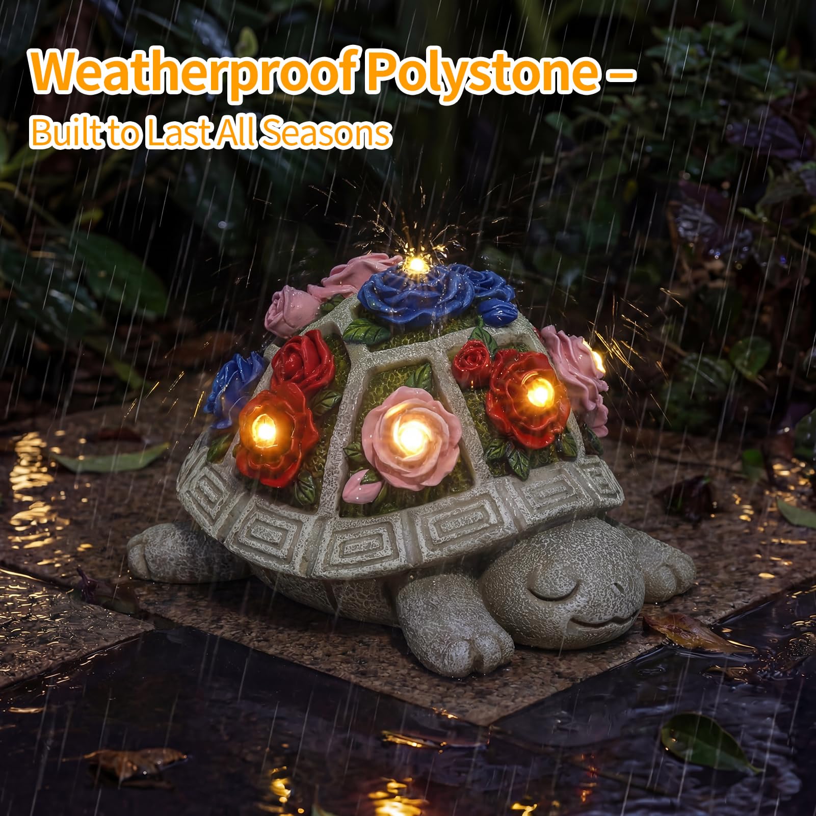 Solar Turtle Garden Statue Outdoor Decor, Red Rose with 7 LED Lights view 4