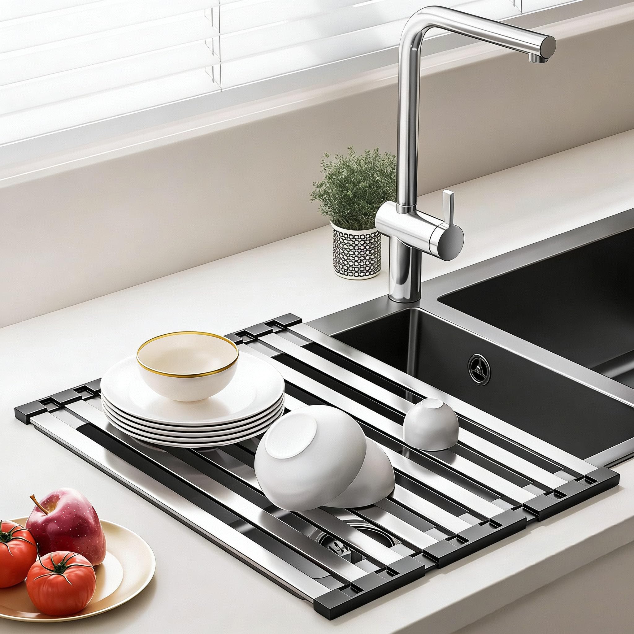 Scolapiatti pieghevole per lavello da cucina, scolapiatti sopra il lavello, scolapiatti per lavello, scolapiatti in acciaio inox (60 x 30 cm), tappetino scolapiatti per bottiglie,