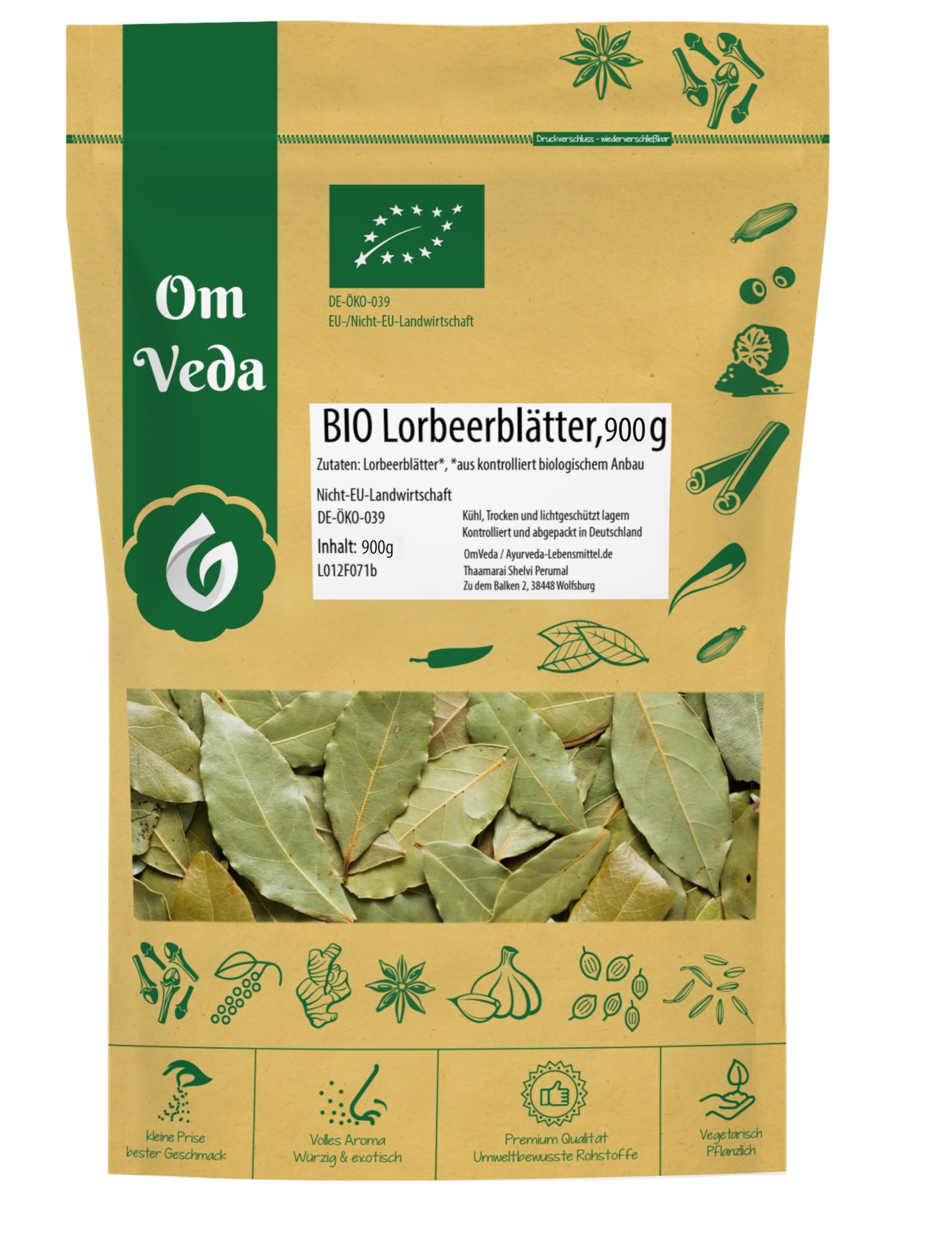 BIO Lorbeerblätter getrocknet Lorbeer Blätter | Premium BIO-Qualität handverlesen | Organic Bay Leaves | OmVeda (900g)