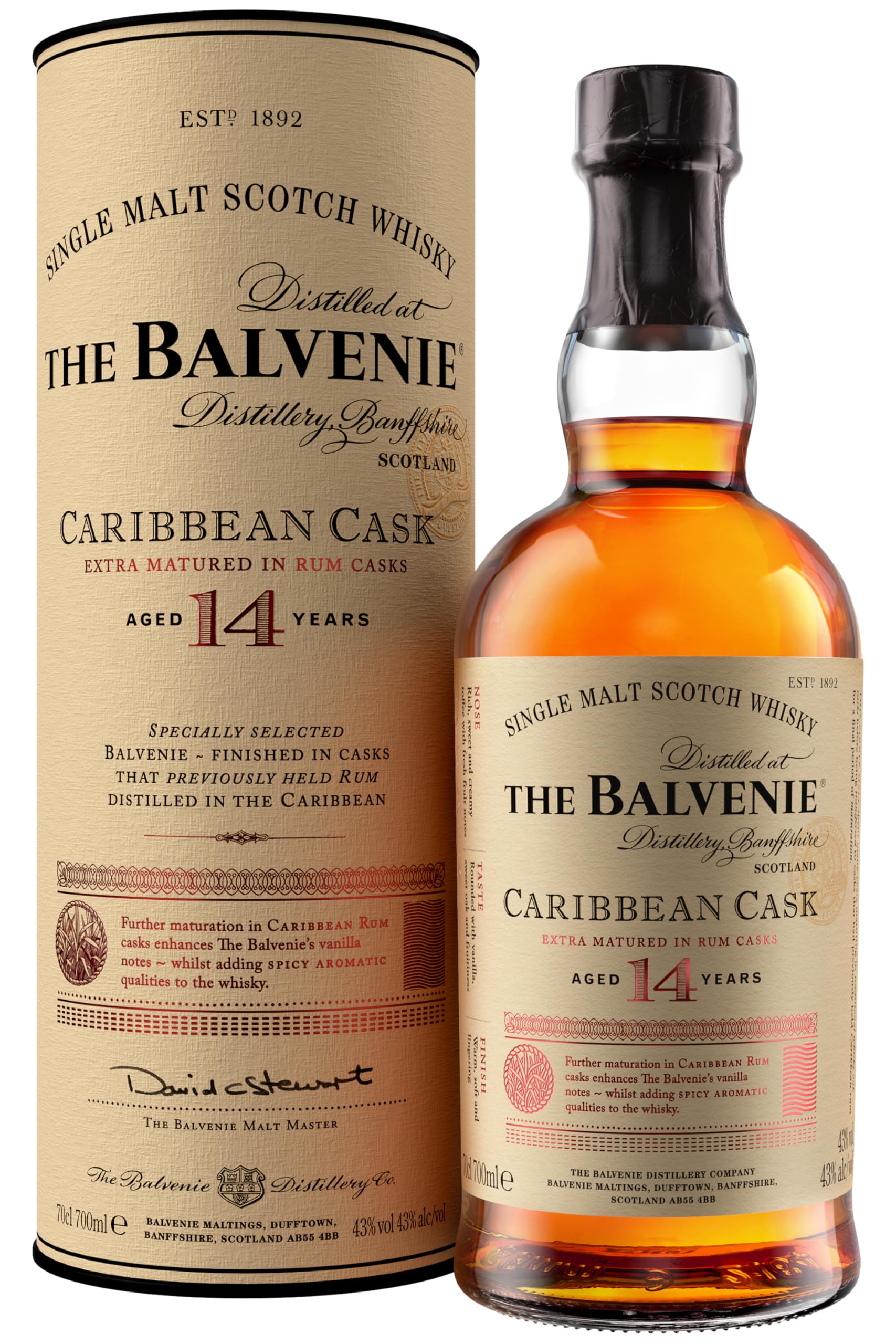 THE BALVENIE Caribbean Cask 14 Jahre Single Malt Scotch Whisky – nachgereift in Rumfässern – mild & honigsüß – cremiges Karamell & frische Fruchtnoten – aromatisch & ausgewogen – 43% vol. – 70 cl