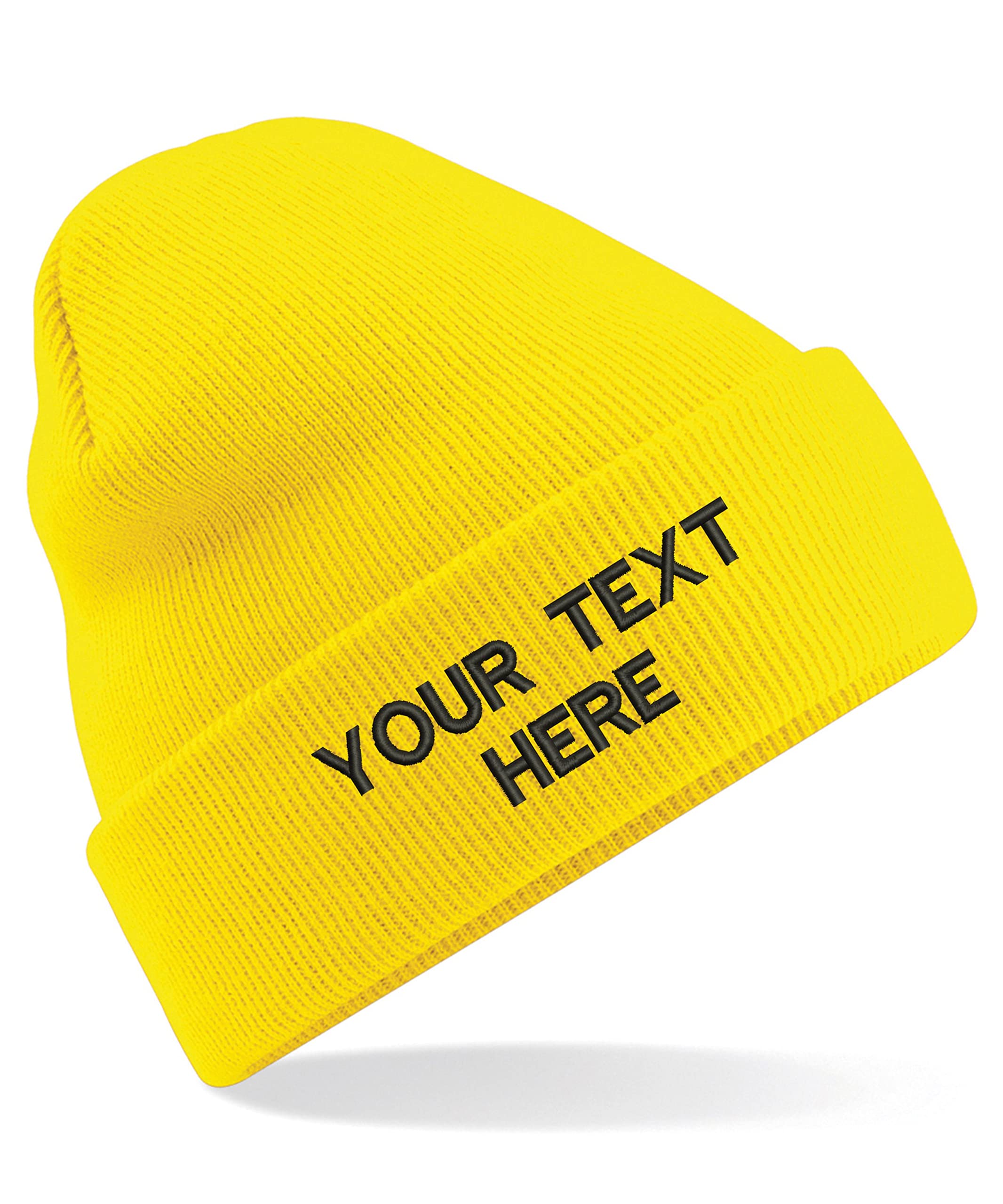 Personalised Embroidered Your Text Beanie, Knitted Cap Your Name Hat Unisex Gift (Yellow)
