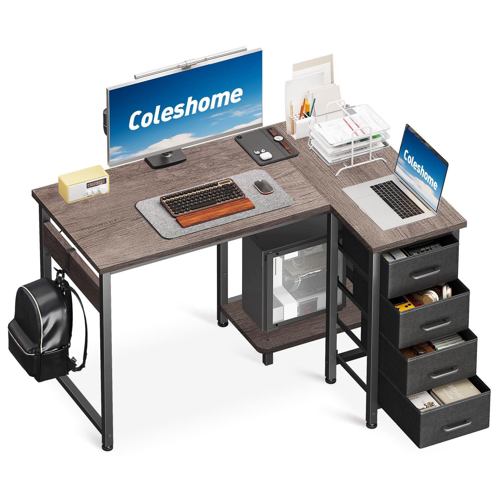 Coleshome Computer Desk with Drawers, 100x70 cm Corner Desk for Home Office, Reversible L Shaped Office Desks Grey