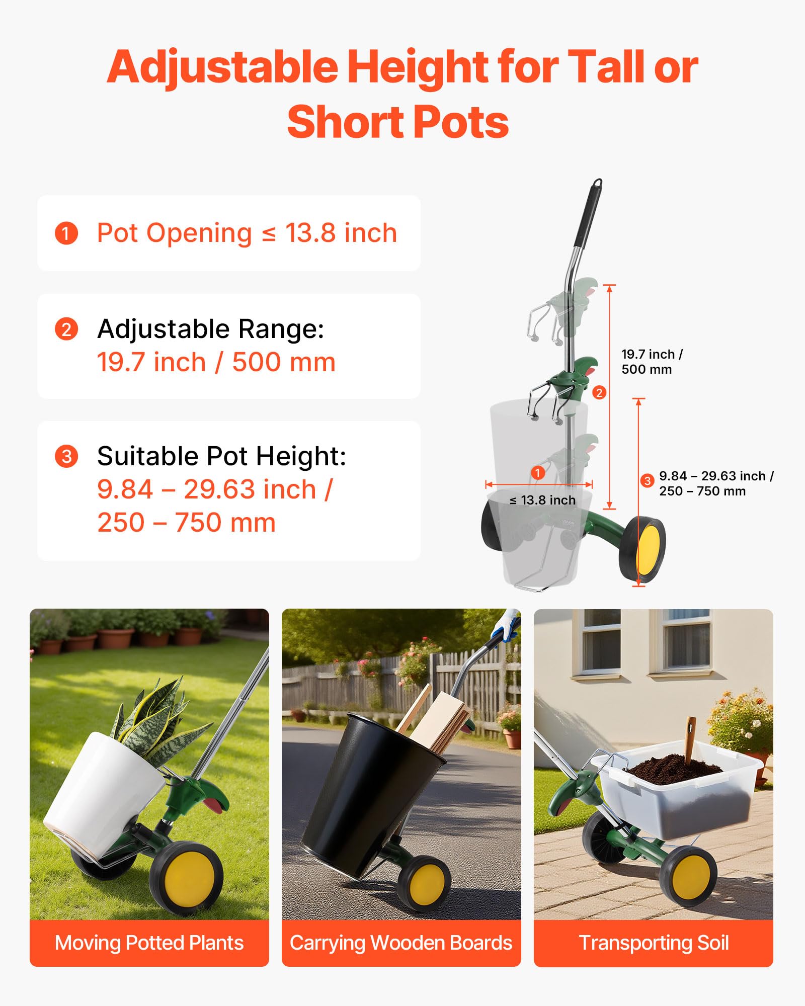 VEVOR Carrito de Transporte para macetas con Asa de Agarre Ajustable Capacidad Máxima de 65 kg Transportador de Macetas 550 x 370 x 1180 mm con Ventosa y Cierre de Seguridad para Interior, Exterior