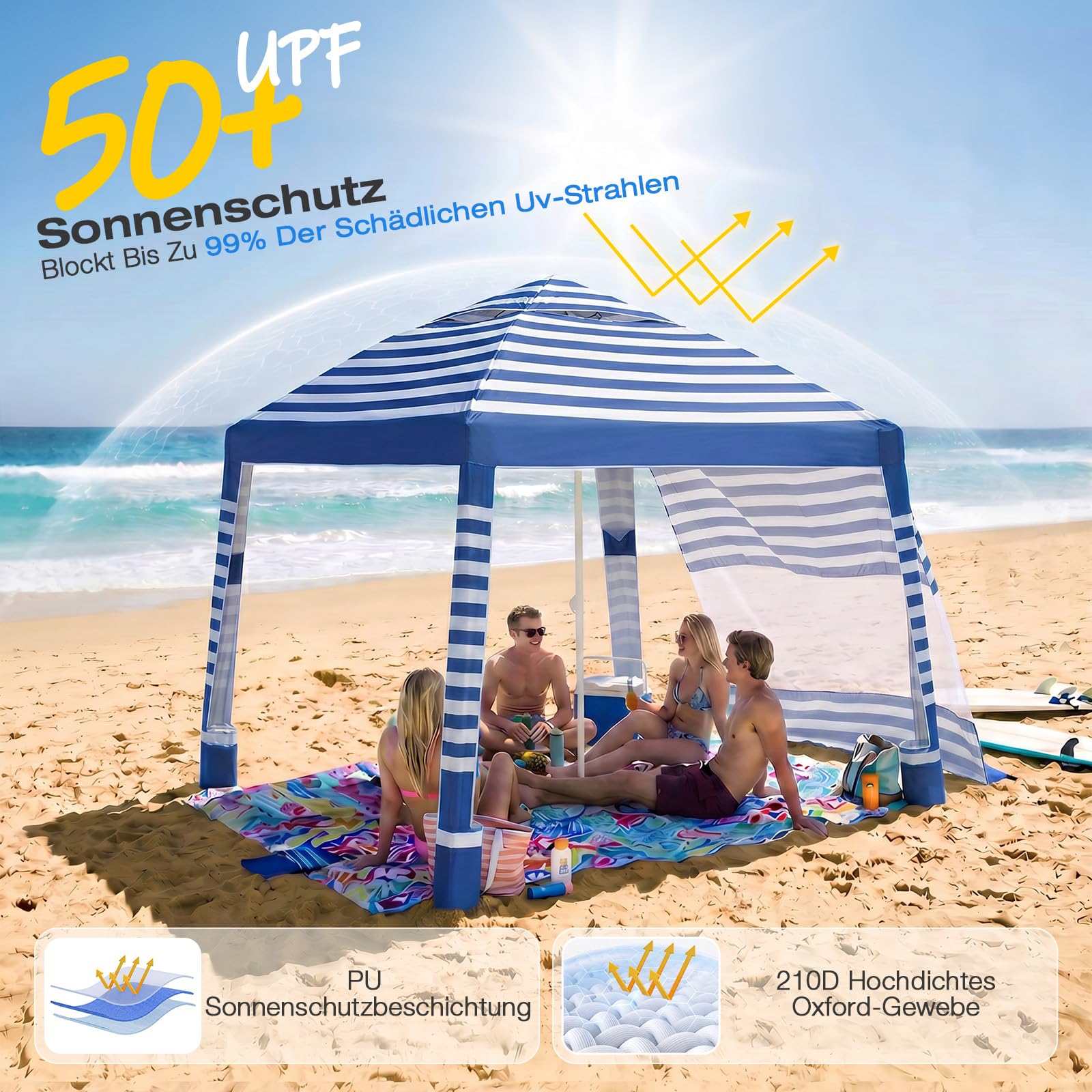 Sekey Strandmuschel pop up UV-Schutz 50, höhenverstellbar & einfacher Aufbau mit Seitenvorhang, als stabiles Strandzelt & Sonnensegel Strand, windfest & wasserdicht für Strand, (Blaue Streifen)