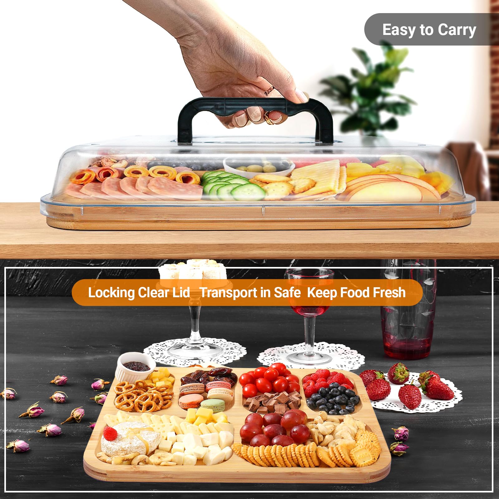 Planche à charcuterie en bambou avec couvercle et poignée, 6 compartiments, plateau à fromage avec couvercle verrouillable, cadeaux pour couples, mariage, fiançailles, pendaison de crémaillère,