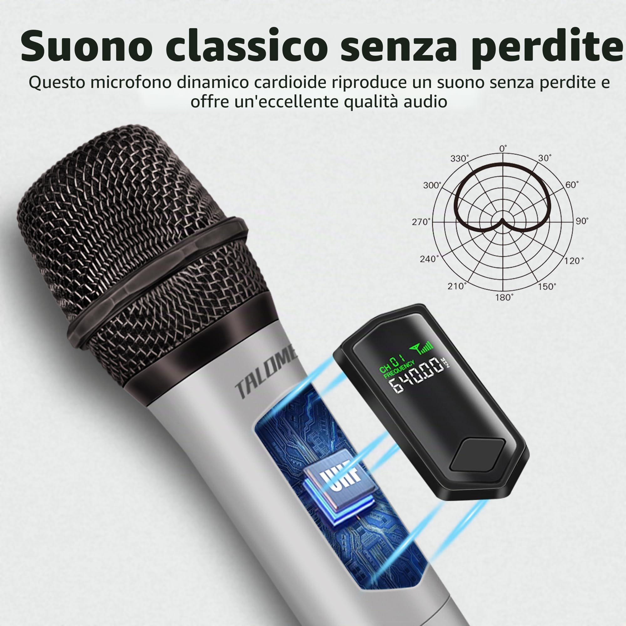 Talomen Microfono Wireless,Microphone Portatile a 2.4 GHz,Microfoni karaoke professionale,Sistema di microfoni dinamici con Ricevitore Ricaricabile,kit 2 microfoni per Karaoke,Festa,Canto K601Argenteo