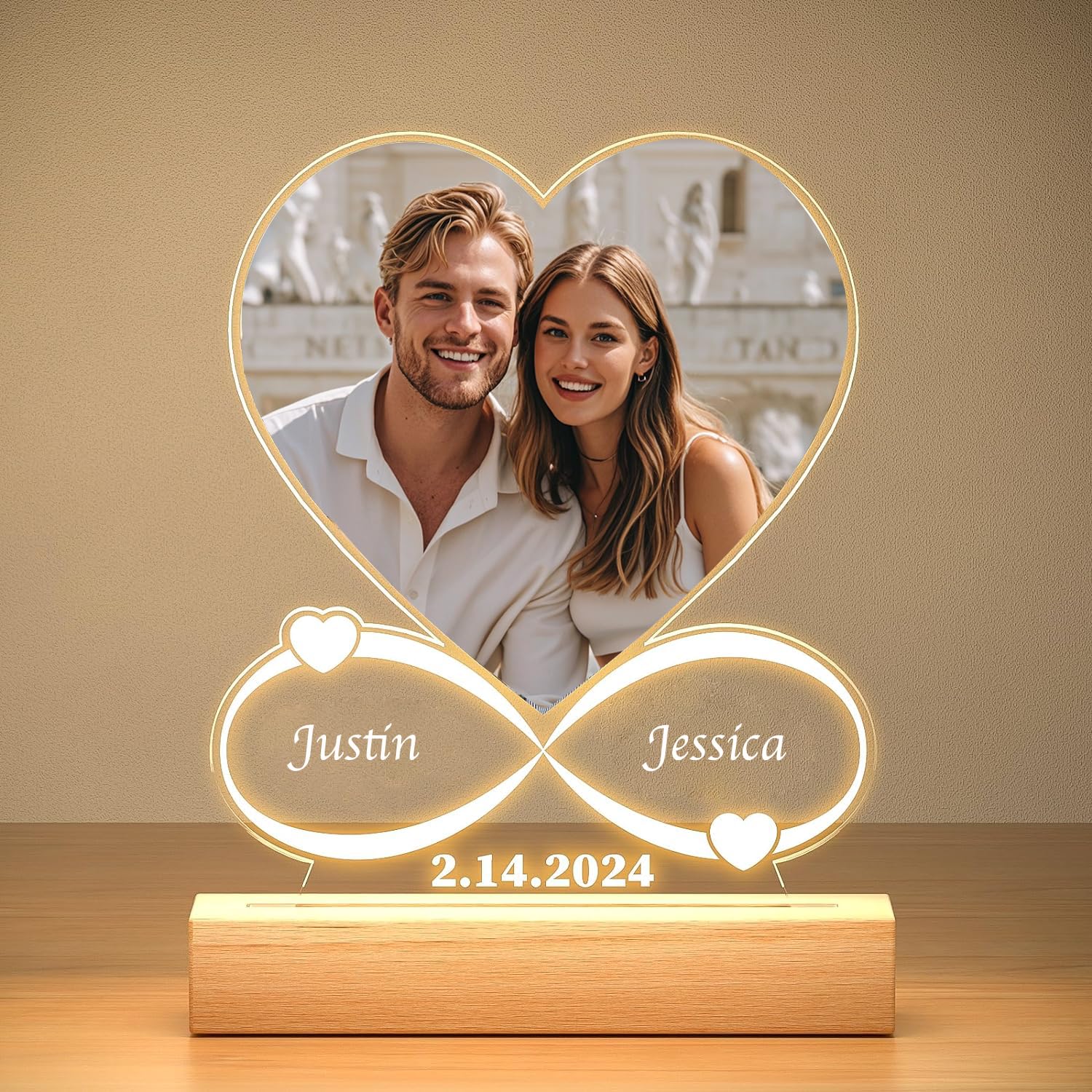 Fashimontr Personalised Double Heart Infinity Night Light – Custom LED Lamp with Photo, Names & Date for Couples, Romantic Decor for Bedroom