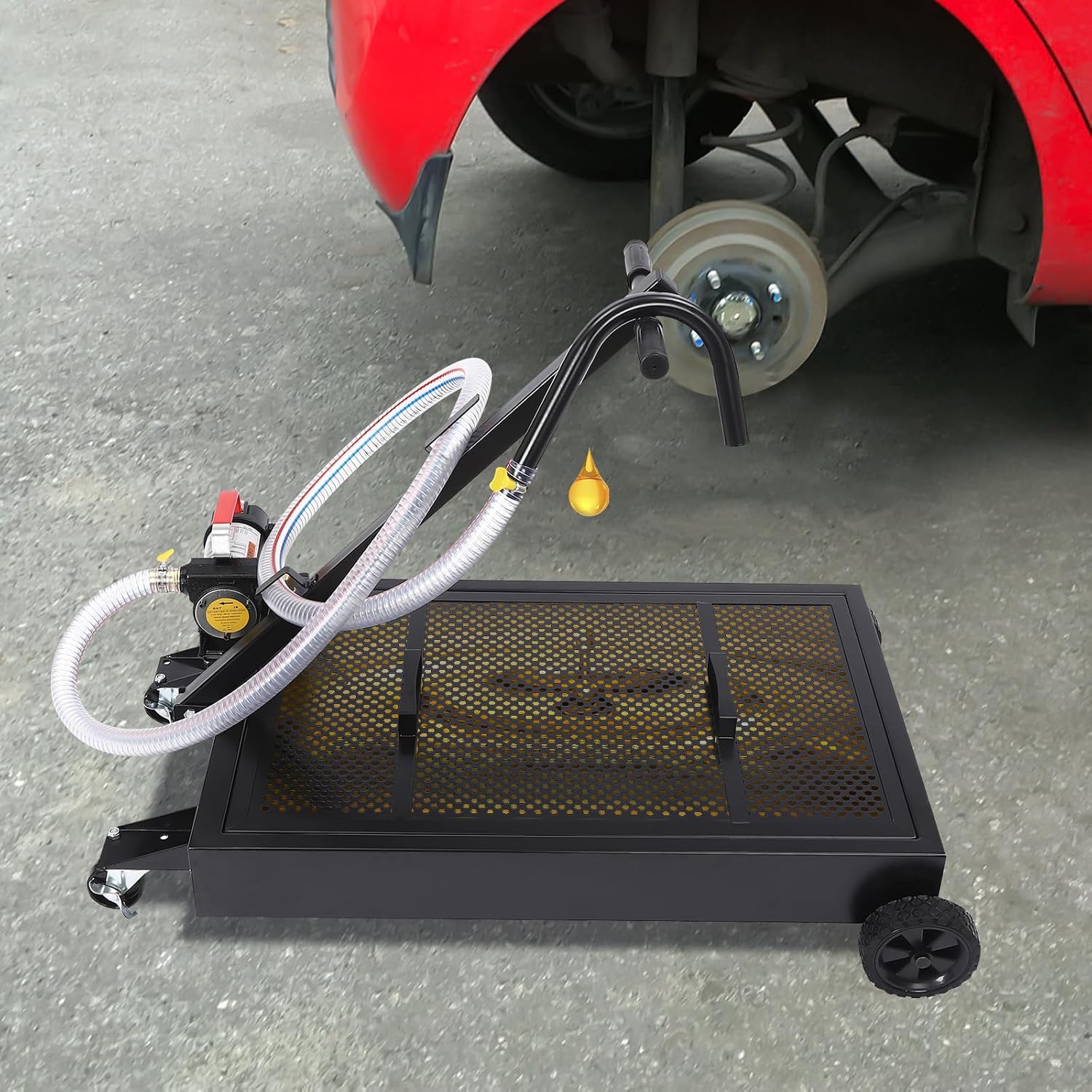 Oil Drain Pan 15 Gallon Electric Oil Drain Pan with 155V Pump 4500r/min & 8.2 Ft Hose, Oil Drain Cart with Low Profile & T Folding Handle Oil Drain Cart for Truck Cars SUVs, Black