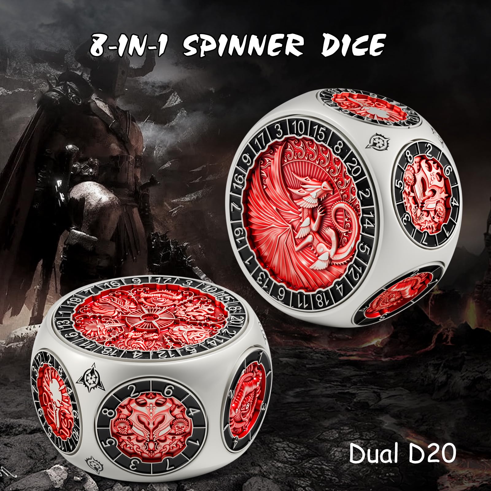 DNDND Dual D20 - Dados de metal giratorios 8 en 1, juego de dados hexagonales giratorios con temática de monstruo D&D para TTRPG Dungeons and Dragons, Dungeon Masters con lata de regalo coleccionable