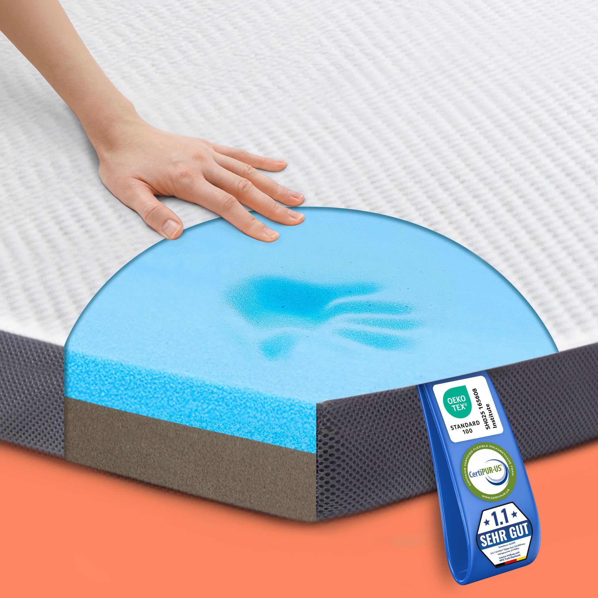 MKS 2-in-1 Gel Topper – Gelschaum Topper mit H3 & H4, 5-Schichten-Komfort, Druckentlastung & Mesh-Seiten – Wende-Matratzentopper für Seiten-, Rücken- & Bauchschläfer