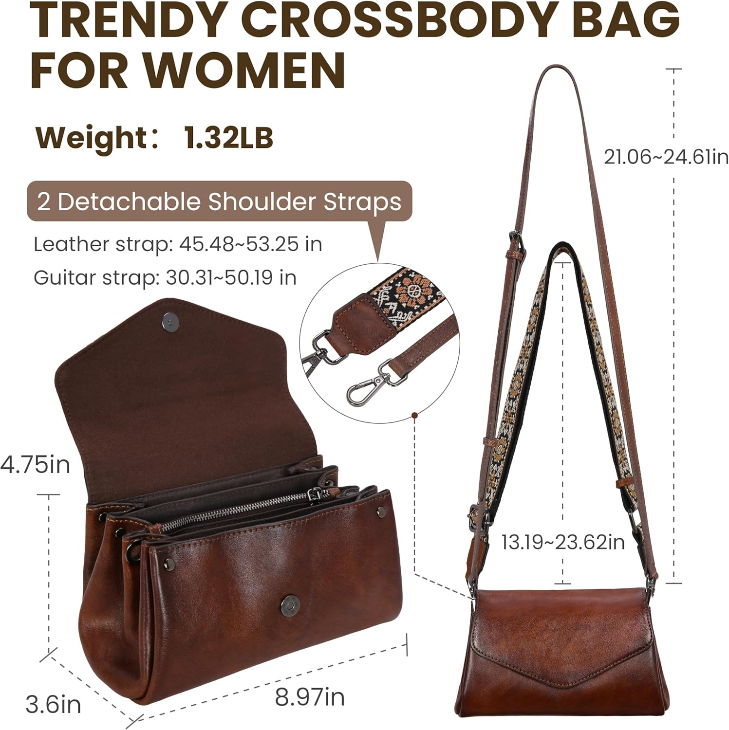 HESHE Leather Crossbody Bags for Women Shoulder Handbags Satchel Purses Lightweight Functional Bags with 2 Adjustable Strap - Image 4