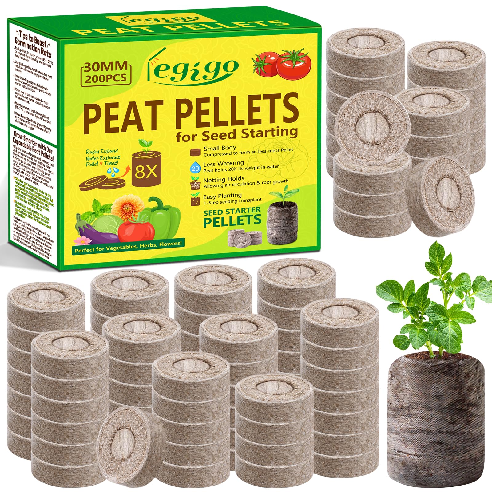 Legigo 200 Pcs 30mm Seed Starter Peat Pellets Pods for Seedlings- Compressed Seed Starting Pellets Seed Starter Pods Plugs Soil Peat Pods for Starting Seeds, Garden Planting Herb Flower Vegetables