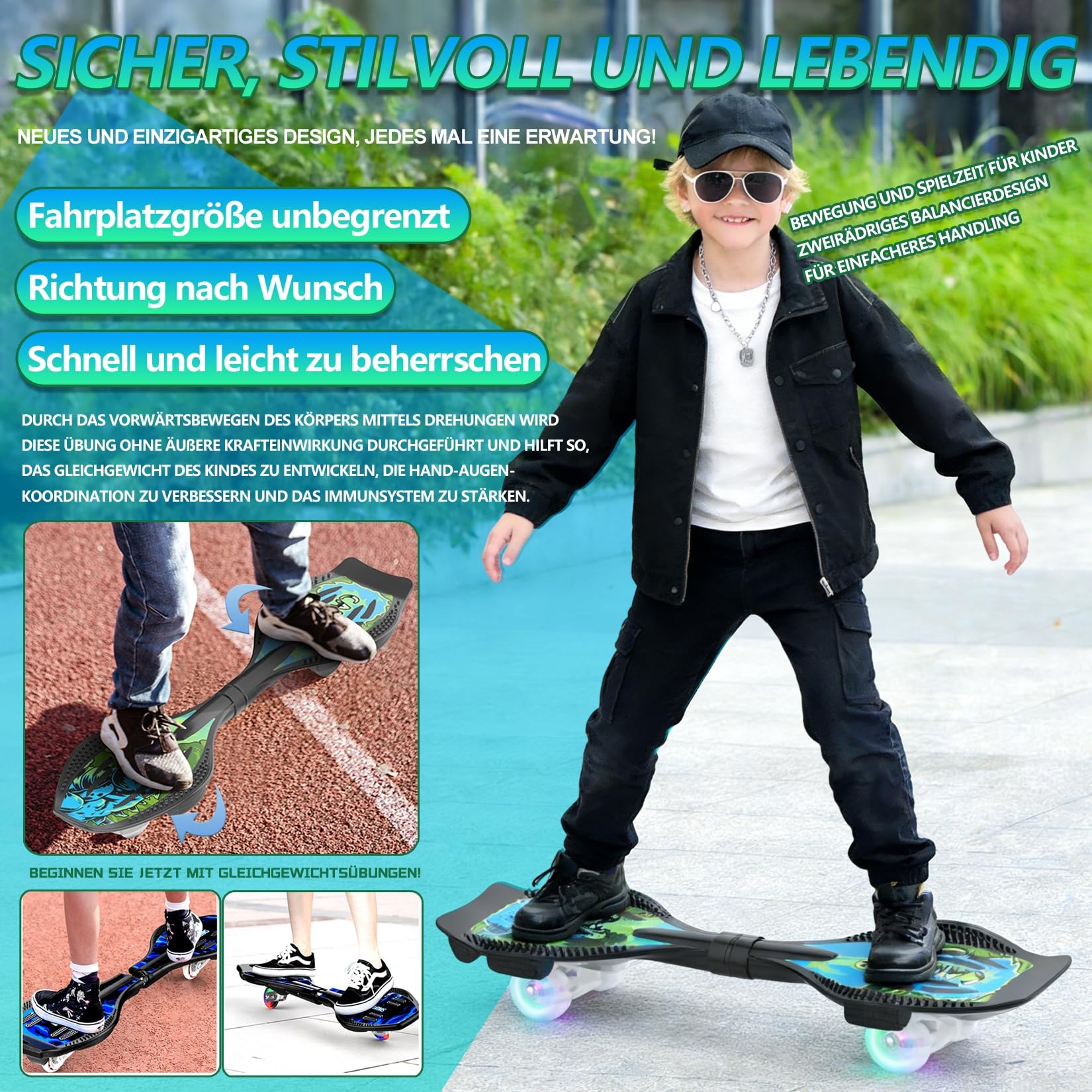 Waveboard für Kinder und Erwachsene - Snakeboard mit LED Leuchtrollen Bremssystem, bis 129kg, Alu-Rahmen, 360° Drehbar, inkl. Schutzset Tasche für Straße Skatepark