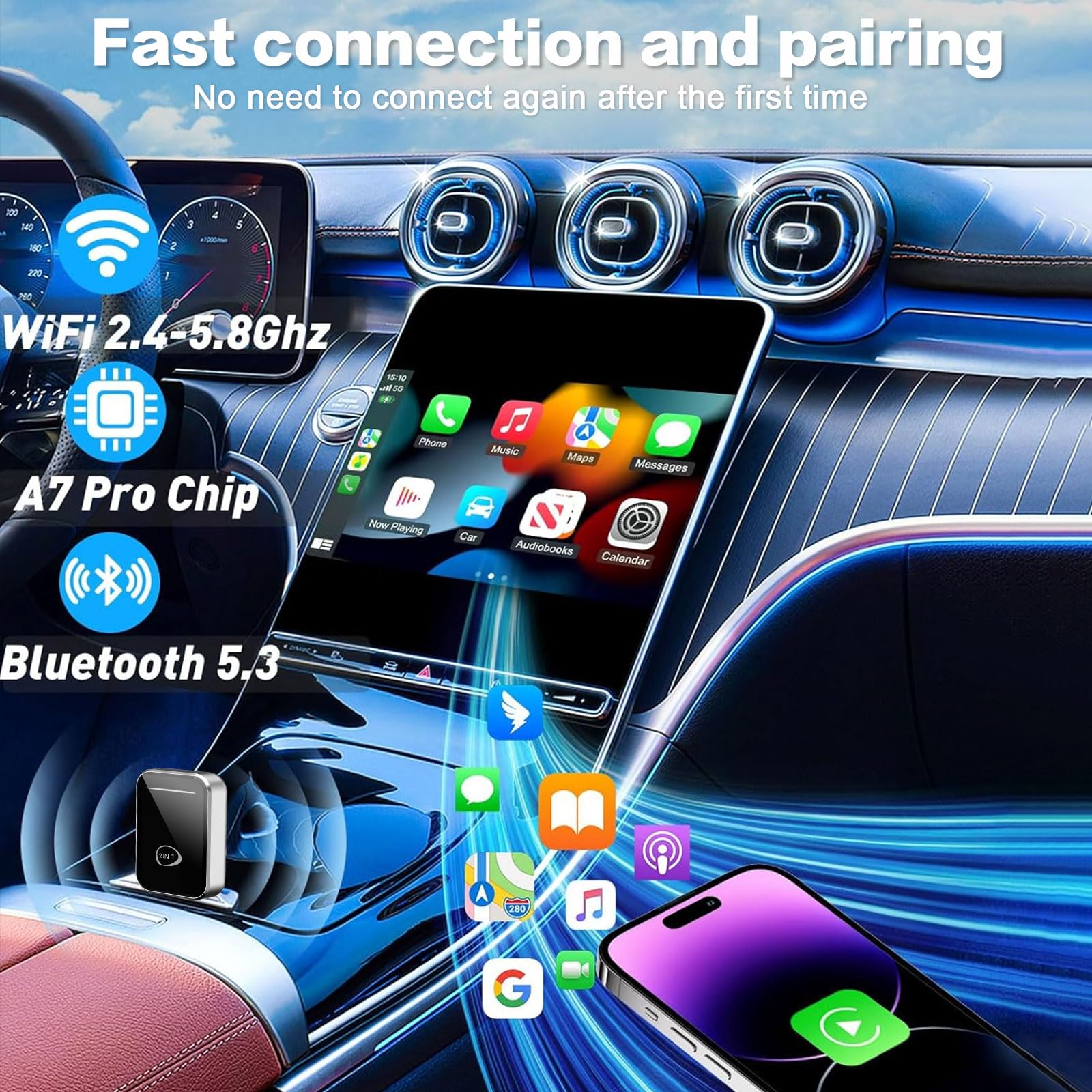 Adaptateur CarPlay Sans Fil 2 En 1 Pour Voiture iOS Et Android, Conversion Filaire À CarPlay Sans Fil 2025 Amélioration Des Conversions, Pour Les Voitures À Partir De 2016+