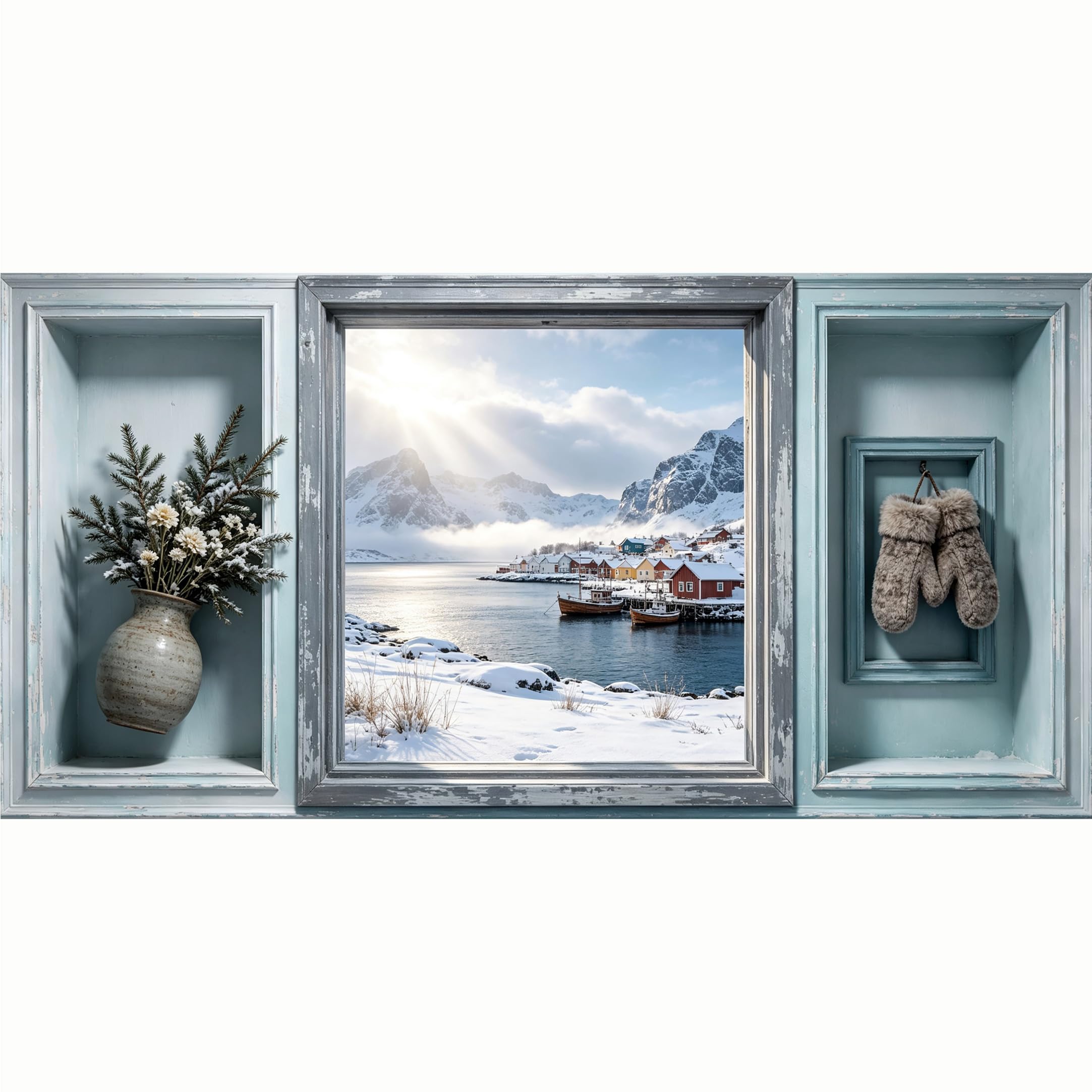 QZLITHOTIC 50x100cm 3D Framed Wall Art， Snowy Mountain Lake Landscape Cabin Village SelfAdhesive Mural， Water‑Activated Peel & Stick Fabric Decor Wall Decal for Bedroom Living Room