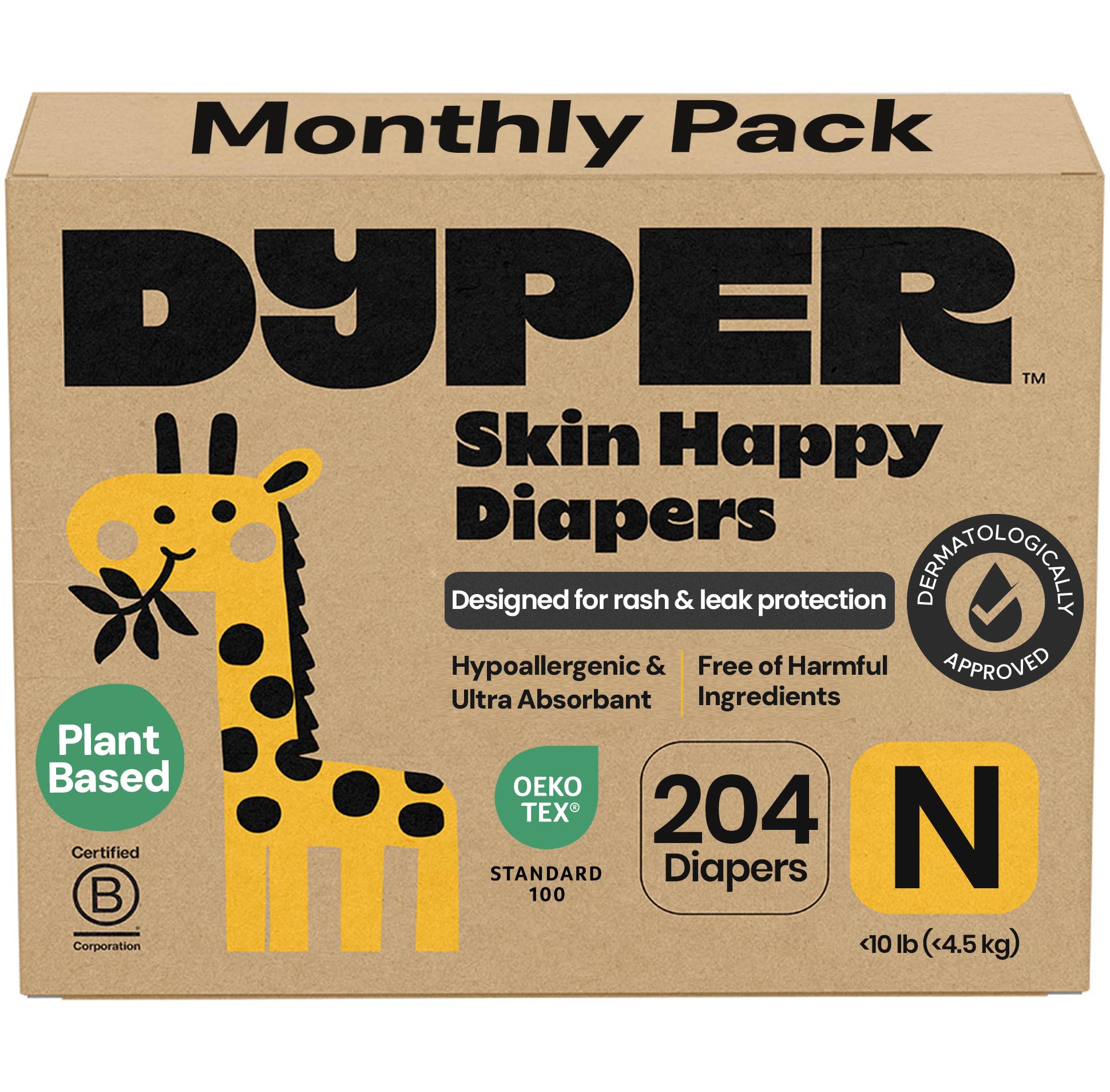 DYPER Monthly Pack Newborn Baby Diaper <10 lbs 204 Count - Leak-Proof & Plant Based, Hypoallergenic and Ultra Absorbent Newborn Diapers for Day and