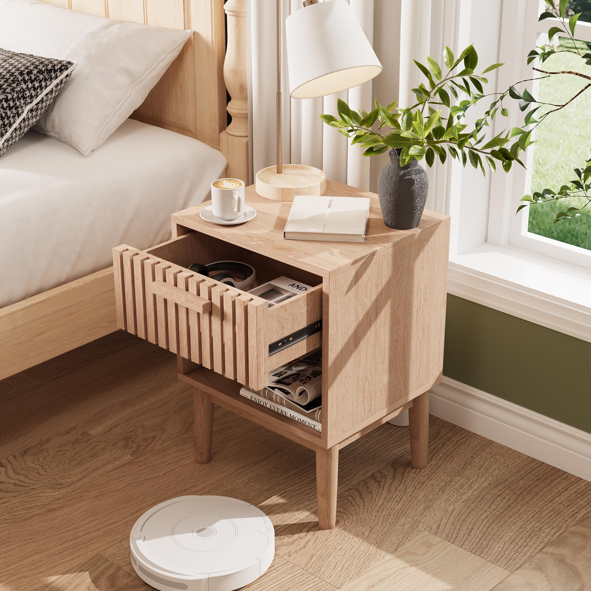 Set di 2 comodini da notte con cassetti e ripiano aperto, tavolino in legno con spazio di archiviazione, comodini moderni in stile boho per camera da letto, soggiorno, 40x35x55cm, colore
