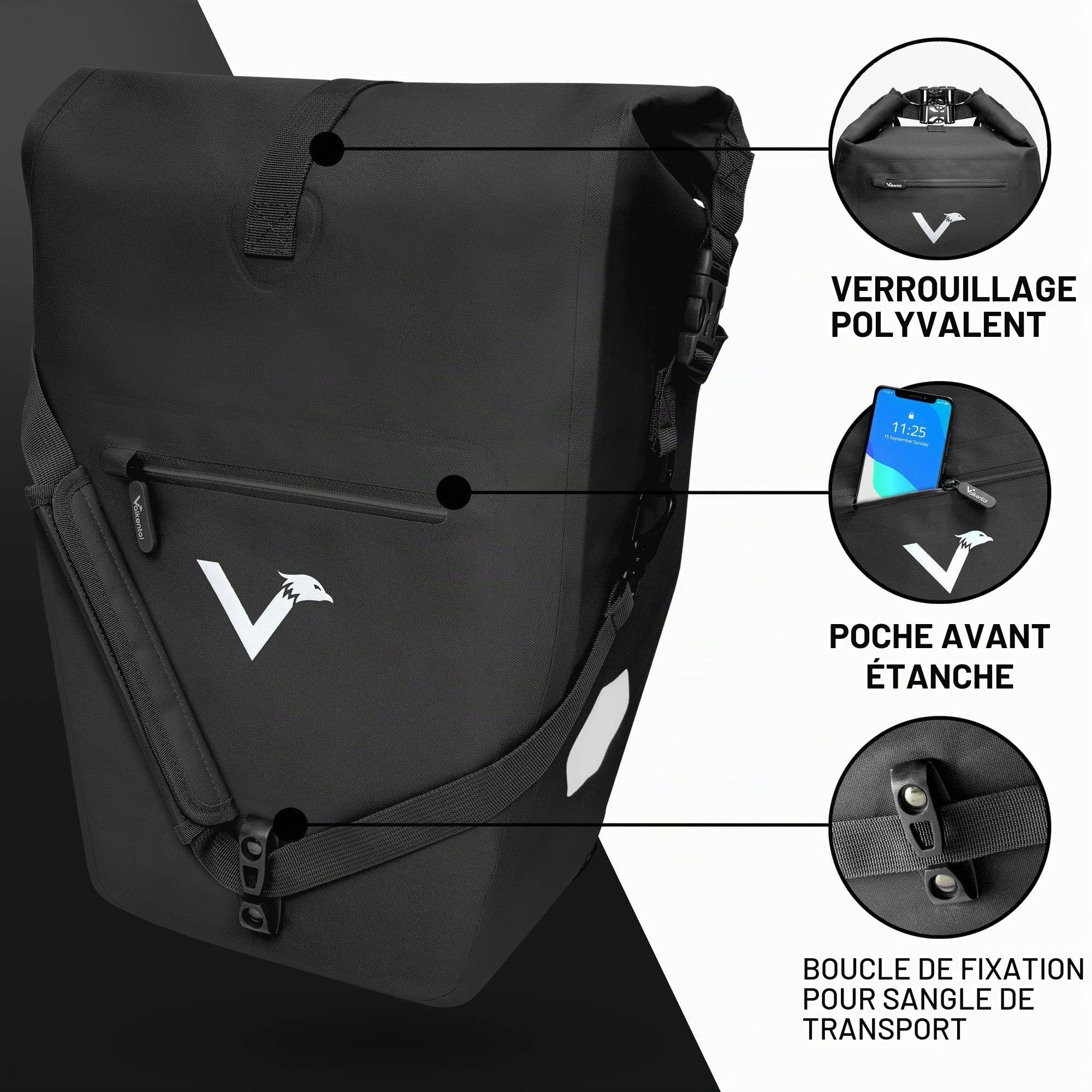 Valkental - Sacoche de vélo 2-en-1 en TPU écoresponsable - 100% étanche - Compartiments pratiques - Volume flexible 23-28L avec compartiment pour ordinateur portable - Sacoche pour porte-bagages noire