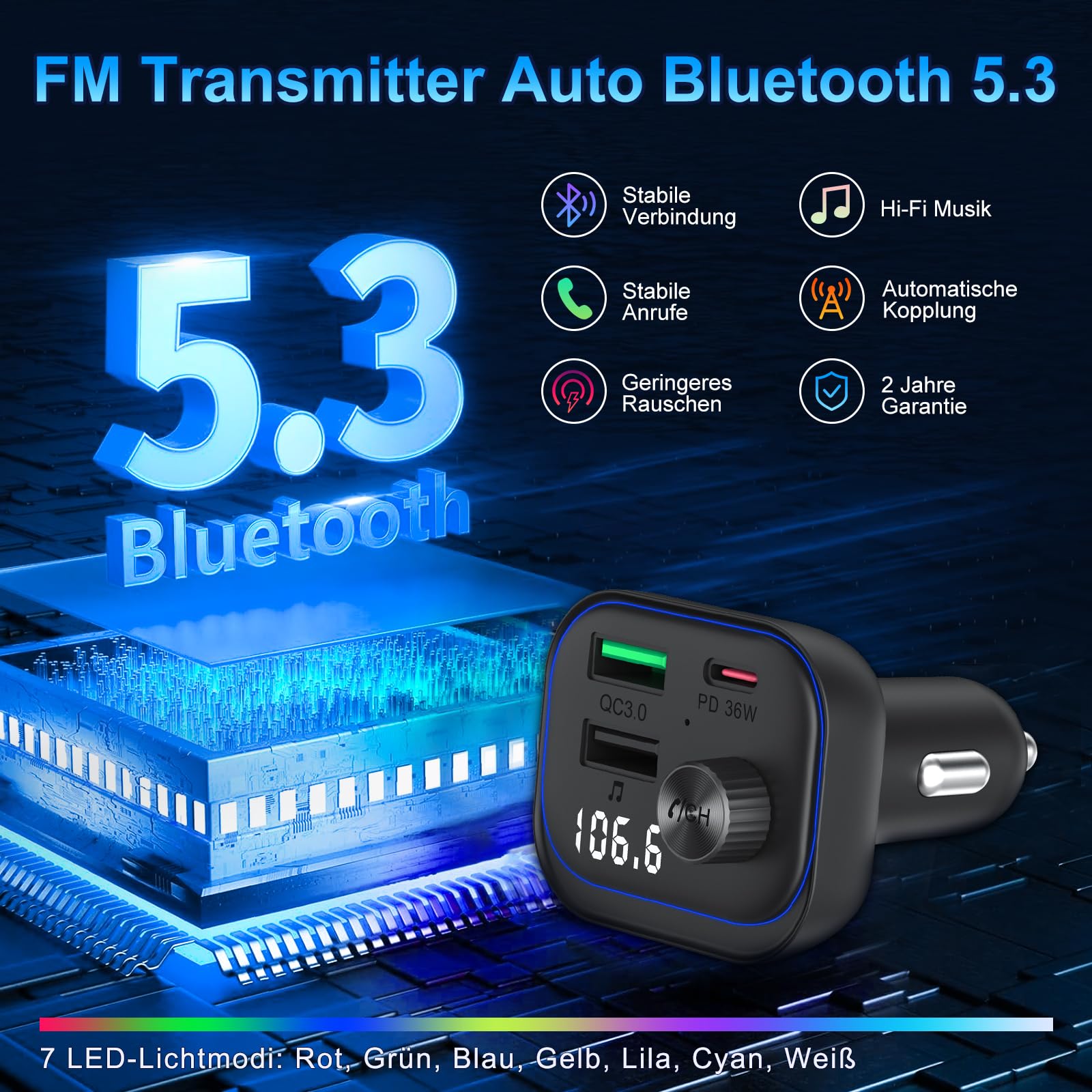 Bluetooth samochodowy nadajnik FM, adapter Bluetooth do zapalniczki samochodowej PD 36 W USB C, QC3.0 18 W, szybka ładowarka BT 5.3, HiFi, odtwarzacz muzyki, radio, zestaw głośnomówiący, obsługuje