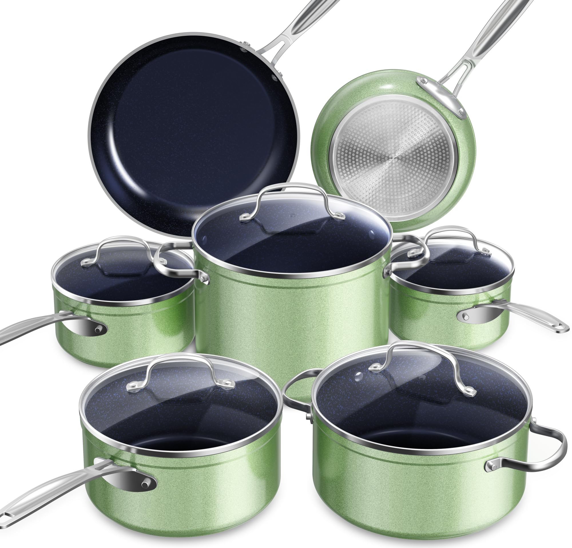 Nuwave Healthy Duralon Blue Ceramic Nonstick Cookware Set, Diamond Infused Scratch-Resistant, PFAS Free, Dishwasher & Oven Safe, Induction Ready & Evenly Heats, Tempered Glass Lids & Stay-Cool Handles, Metallic Pistachio Green, 12pc Cookware Set, Cookware