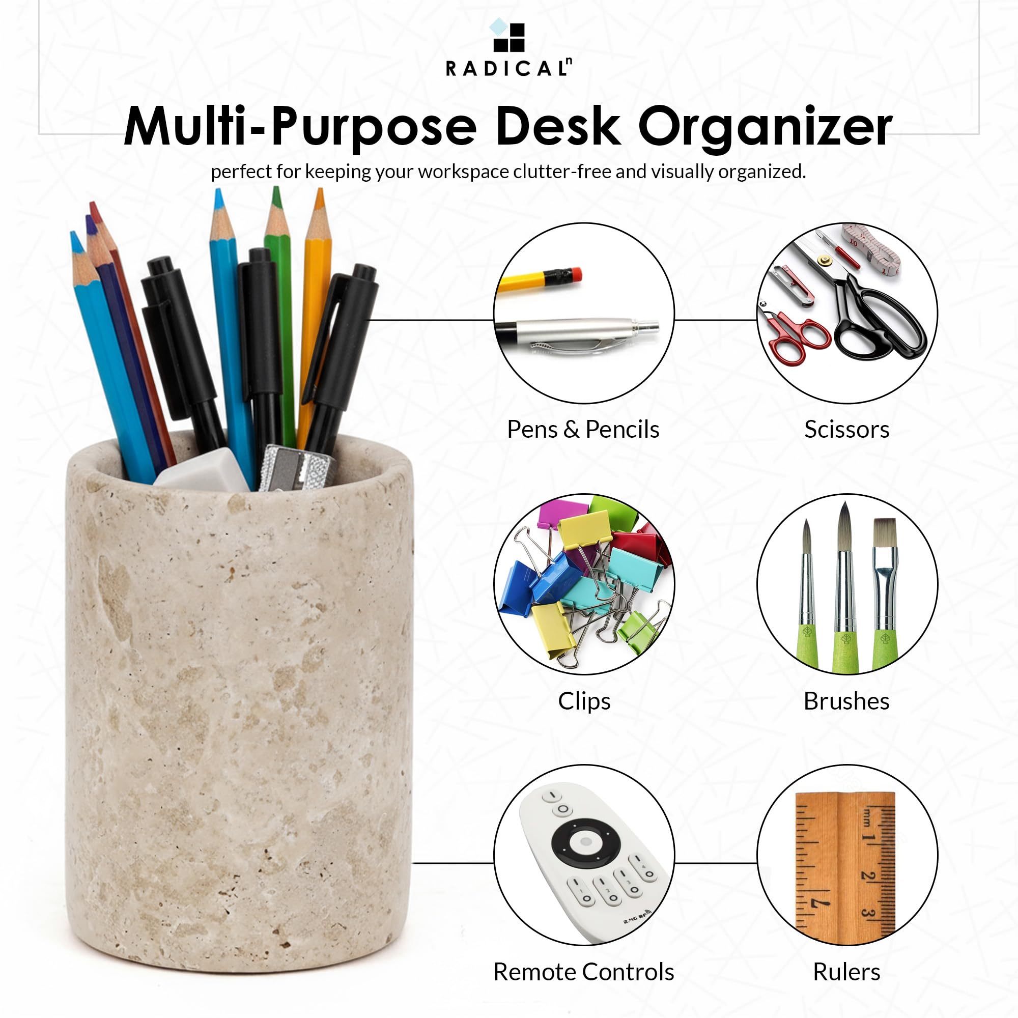 Radicaln Soporte de mármol para papelería, travertino de 4 pulgadas, hecho a mano, ideal para organizador de escritorio, accesorios de espacio de trabajo y papelería escolar