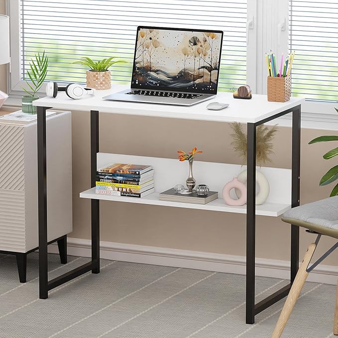 Lukzer STM-004 White Study Desk with Open Shelf Engineered Wood Compact Desk for Small Spaces