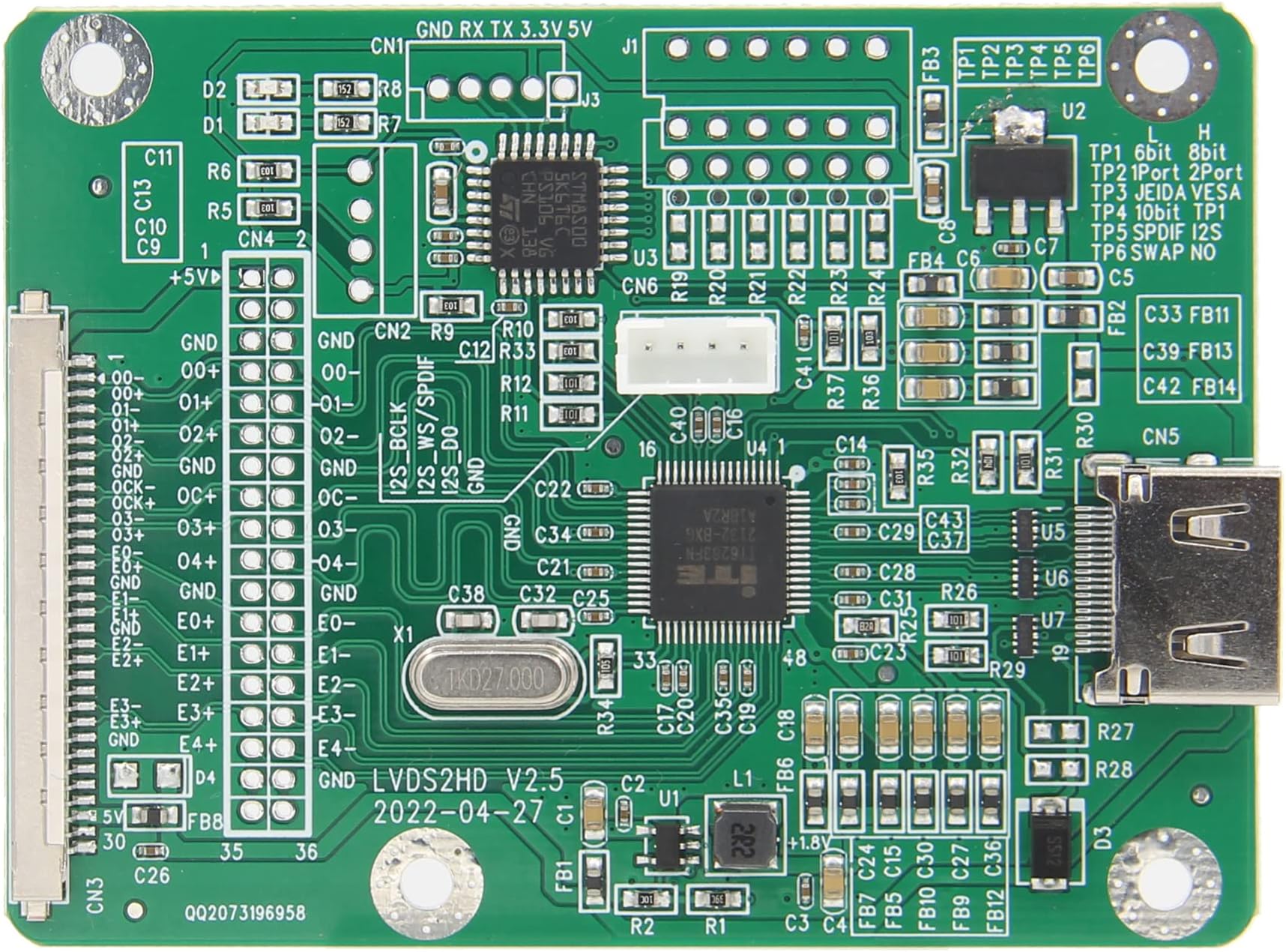 LVDS to HDMI Adapter Board LVDS2 with LVDS Cable with Default Mode Double 8 | VESA | 8bit | I2S Sound Input