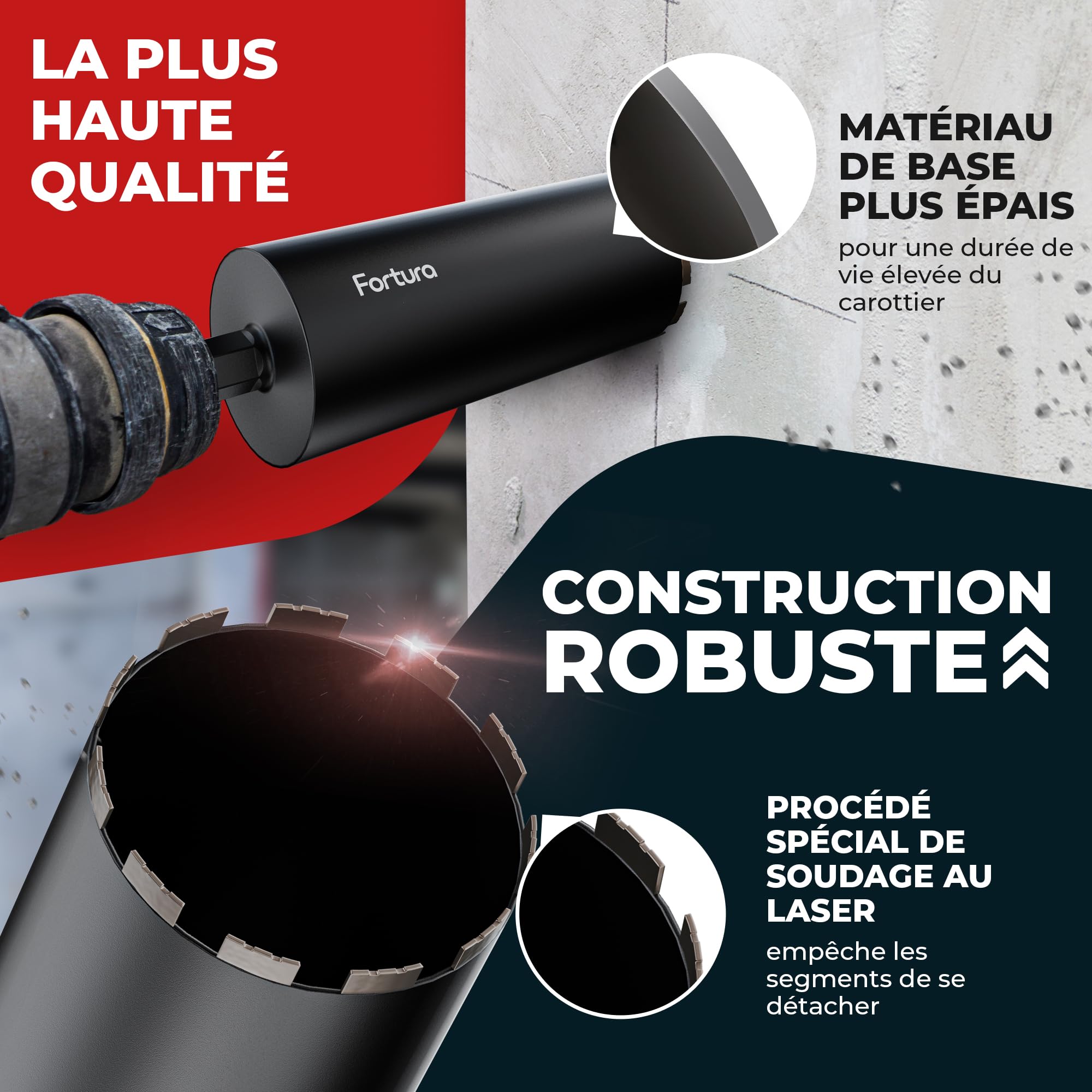 Fortura® Carotteuse Béton Ø42-Ø182mm Trépan Diamant 1 1/4"(Ø63x400mm) – Scie Cloche Béton/Foret Diamant/Couronne de Forage – Outil Professionnel
