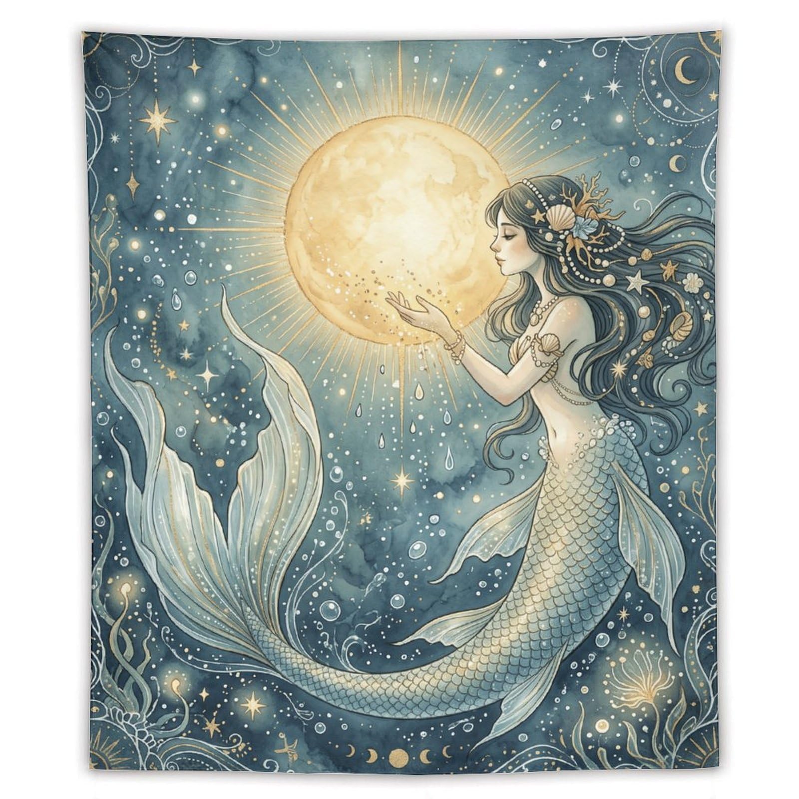 H3B8U2Y5 Moon Mermaid Celestial Wall Tapestry, Fantasy Illustration