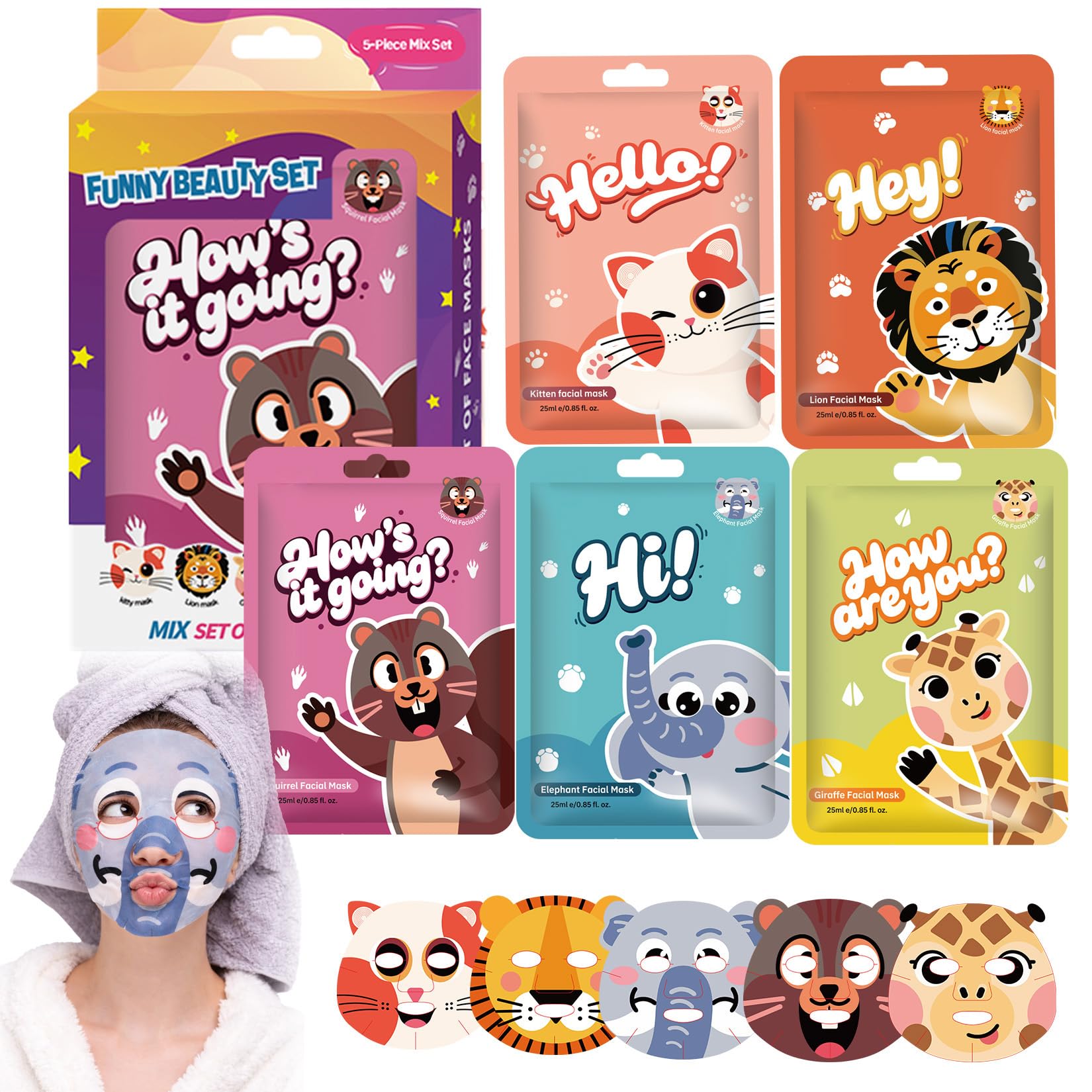 Animal Sheet Face Mask Set, 5-Pack Hydrating & Moisturizing Facial Masks with Fun Cartoon Animal Designs, Skincare Sheet for Kids & Teenage Girls, Spa Party Supplies, Self-Care Gift Set (5pcs-A)