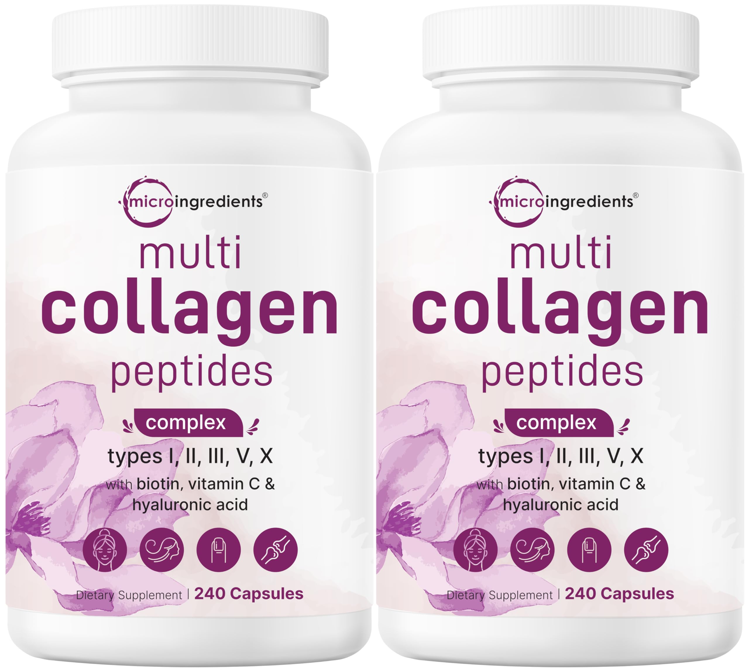 Micro Ingredients 2 Pack Multi Collagen Pills for Women & Men, 480 Capsules | Type I, II, III, V, X - Hydrolyzed Peptides with Biotin, Hyaluronic Acid & Vitamin C | Hair, Skin, Nail & Joint Support