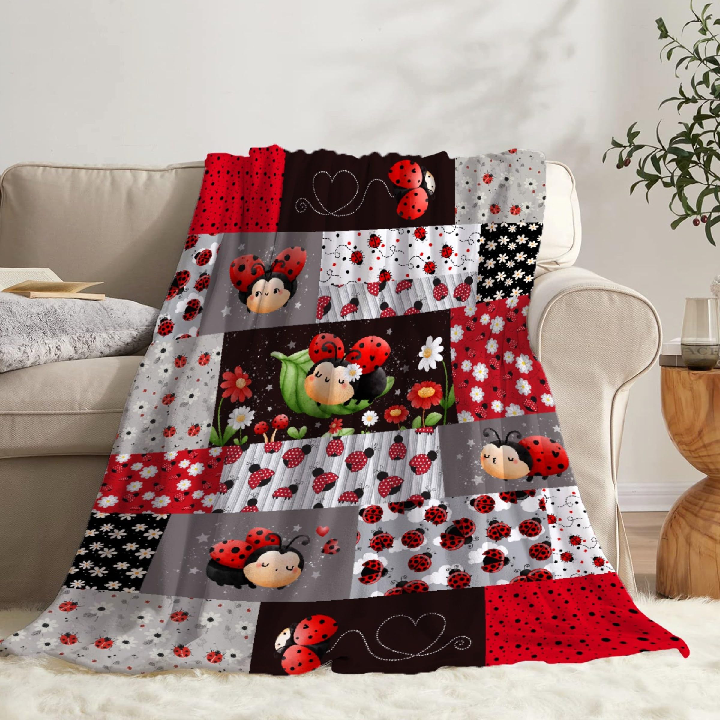 Lady-Bug Plaid Blanket Gifts for Girls Boys, Super Soft Lady-Bug Plaid Blanket Decor Stuff, Lightweight Microfiber Cozy Plush Throw for Couch BedM 60"x50" for Teens