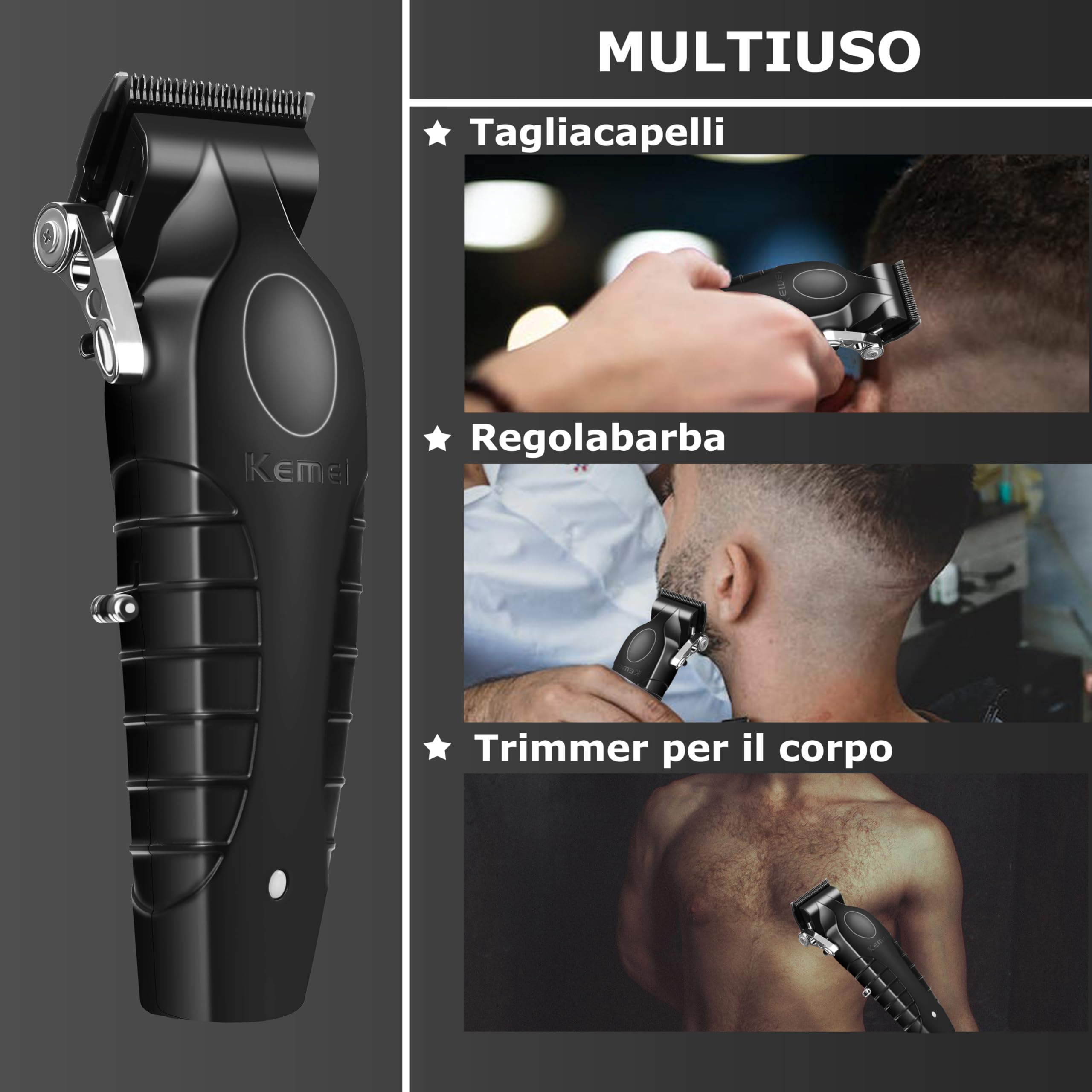 KEMEI 2296 - Tagliacapelli professionale da uomo, kit per tagliare i capelli e la barba, tagliacapelli a T Blade con USB ricaricabile, nero