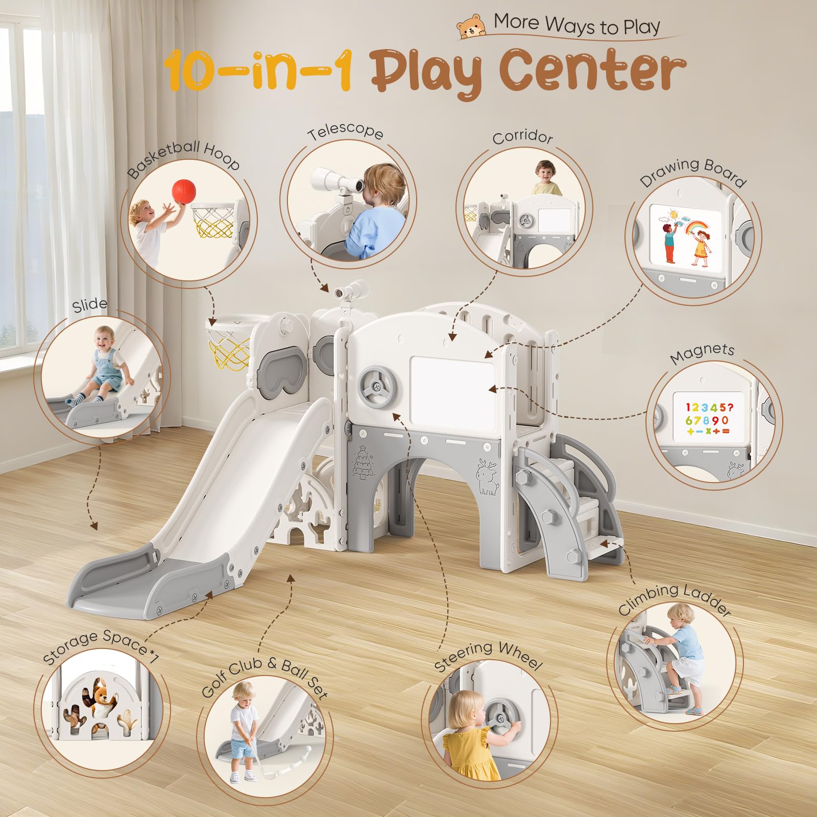 Scivolo per bambini, scivolo per bambini piccoli indipendente con canestro da basket, attrezzatura per parco giochi con scivolo, scivoli all'aperto (Beige Grigio-8 in 1)