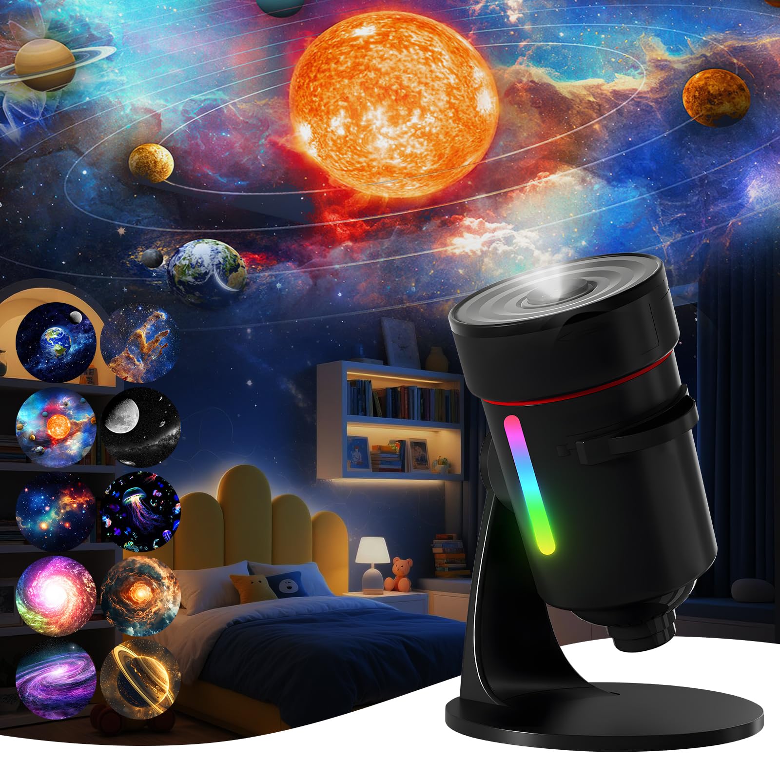 QKTYB Planetarium Projector, Galaxy Projector with 4K 10 Film Discs, 360° Adjustable Star Projectors Night Light with Rotating Nebula, Timer for Kids Adults Bedroom Ceiling Room Décor (Black)