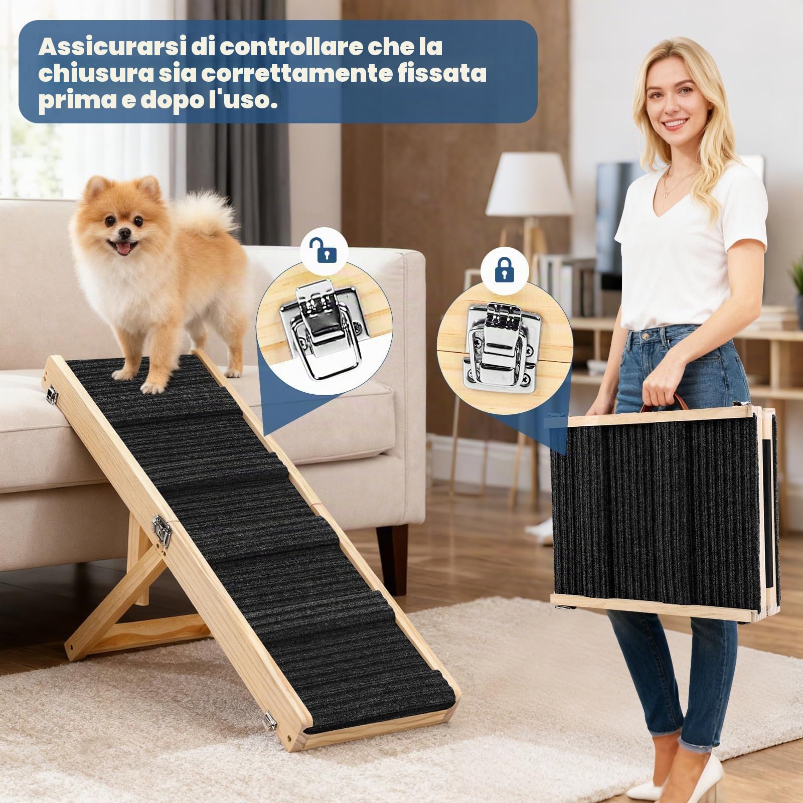 Rampa pieghevole per cani in legno per letto, divano, rampa per animali domestici regolabile per cani piccoli, altezza 25-52 cm, lunghezza 83 cm, Larghezza 35 cm, superficie antiscivolo, rampa