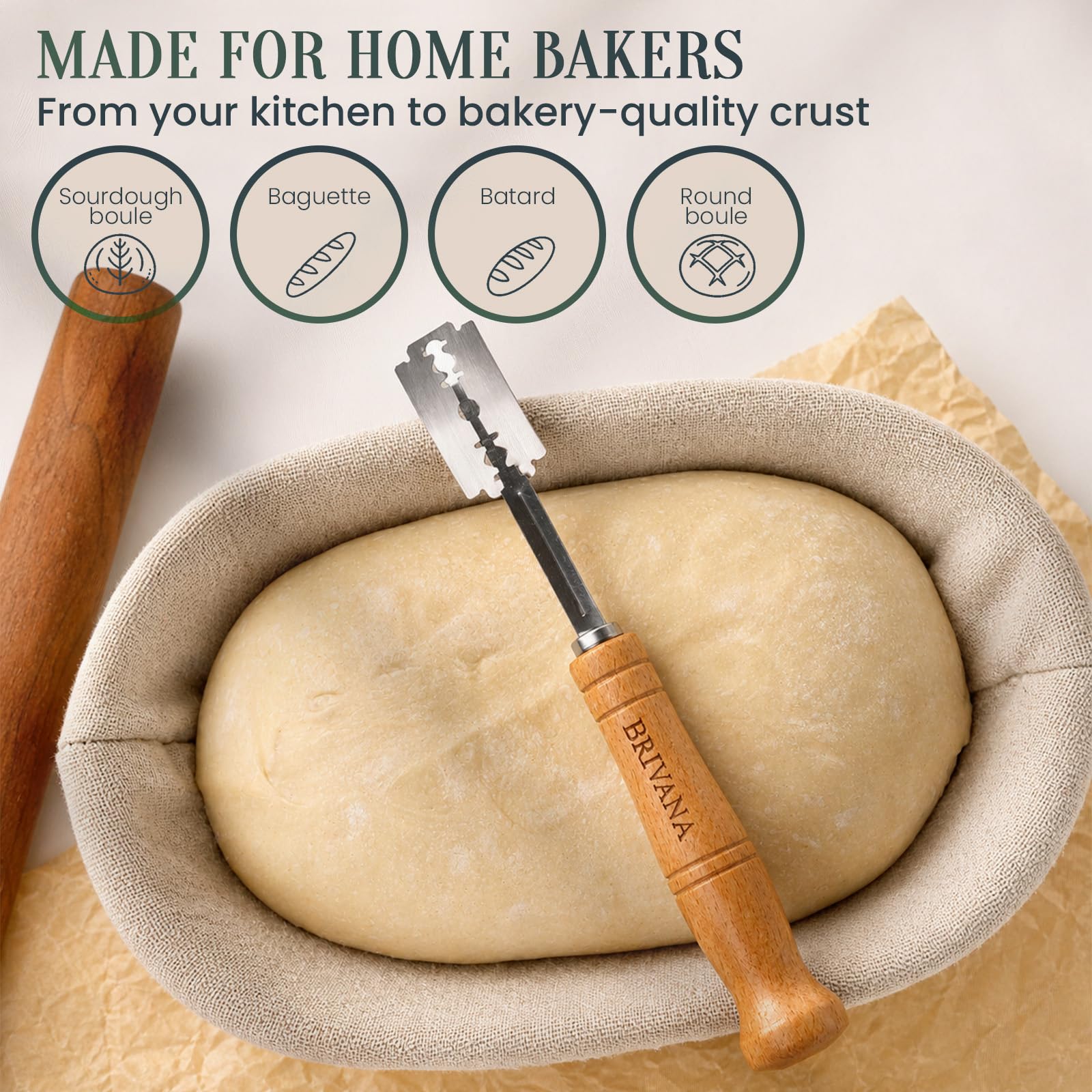 Bread Lame, herramienta de puntuación de masa madre con mango de madera, cubierta protectora y 5 cuchillas reemplazables, marcador de masa para hornear pan artesanal