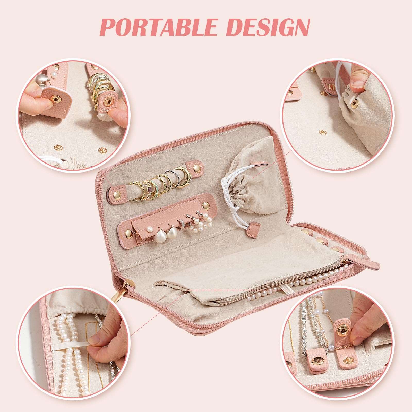TRIXES Cartera de viaje para joyas, soporte de piel vegana rosa con cremallera para anillos, pendientes, pulseras y collares, etc. - Accesorio esencial de viaje