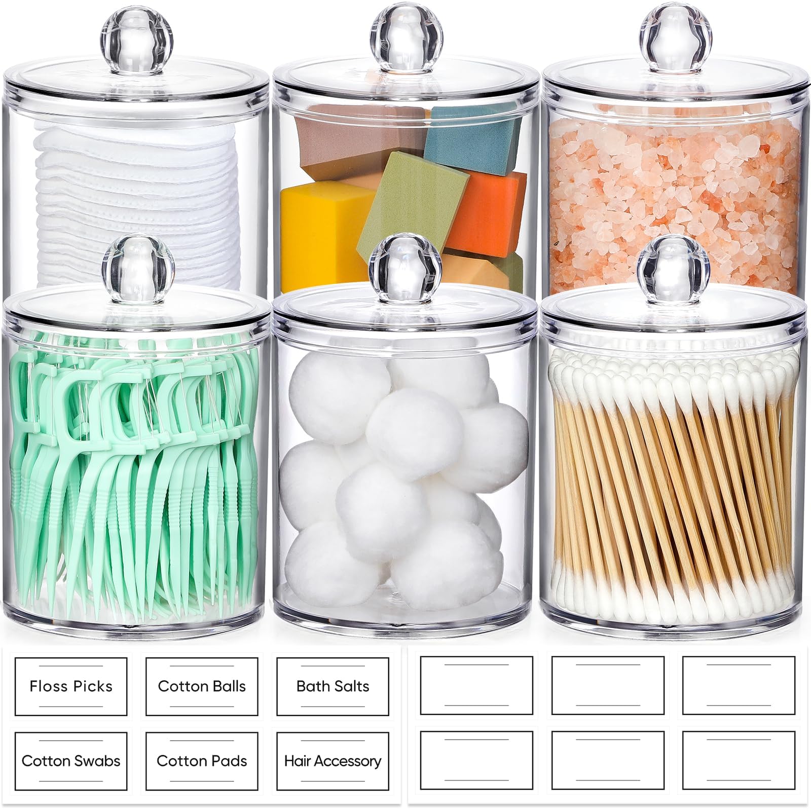 AOZITA 6 Pack Acrylic Qtip Holder Dispenser for Cotton,Swab, Ball, Round Pads, Floss Picks - Clear Plastic Apothecary Jar Set, Bathroom Canister Storage Organization, Vanity Makeup Organizer