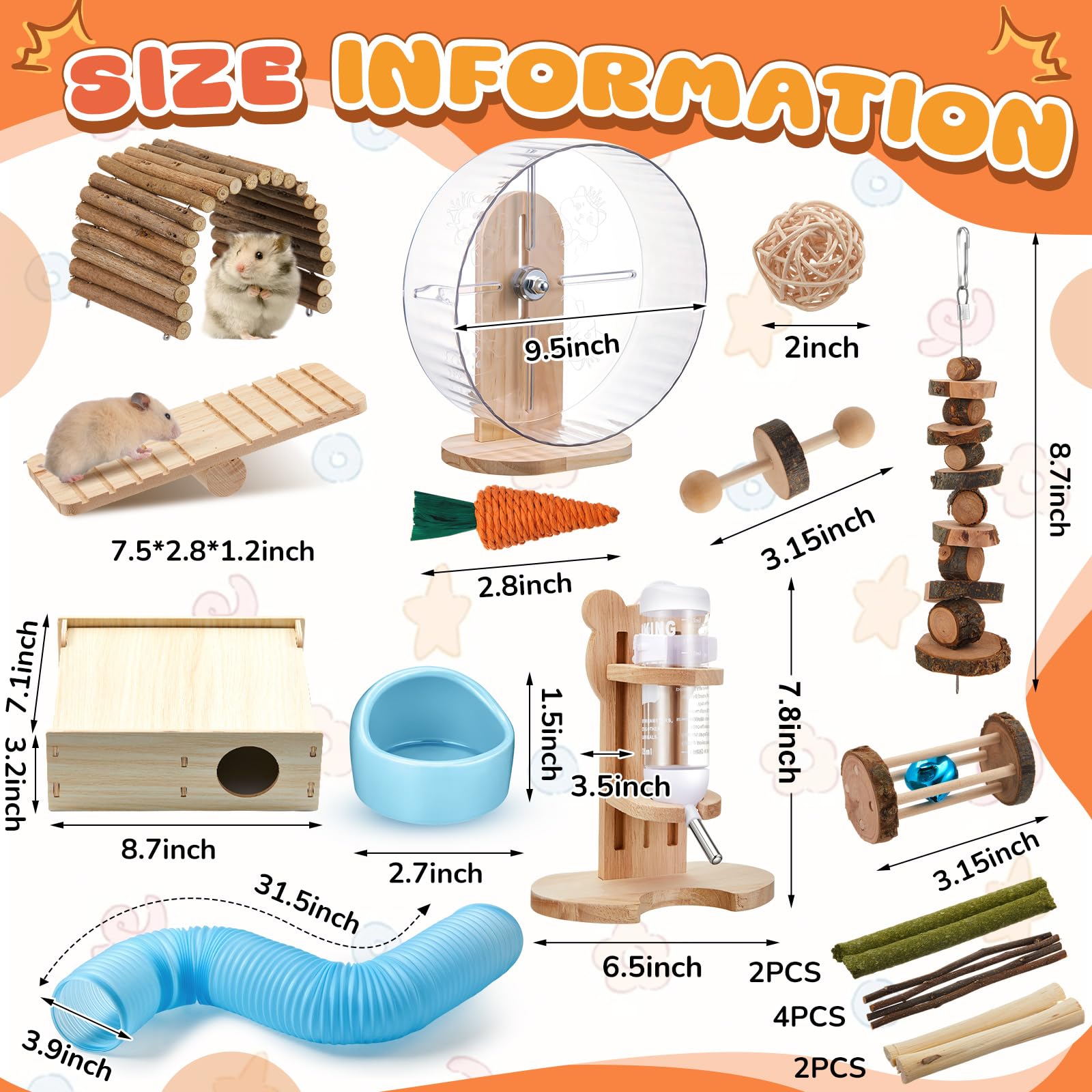 Hamsterspielzeug-Set, 20-teilig, 16 kleine Tier-Kauspielzeuge, Labyrinth-Holzhaus, geräuschlose Übung, Laufräder und Wasserflasche, Futternapf für Hamster, Lebensraum, Rattenkäfig-Zubehör